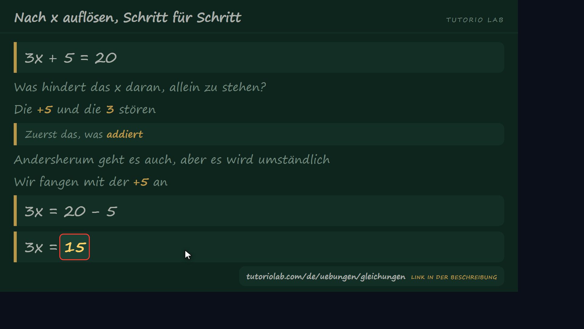 Weg mit dem, was addiert — Nach x auflösen, Schritt für Schritt