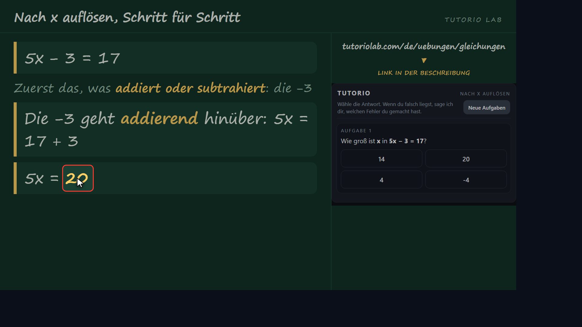 Übung 1, Schritt für Schritt — Nach x auflösen, Schritt für Schritt