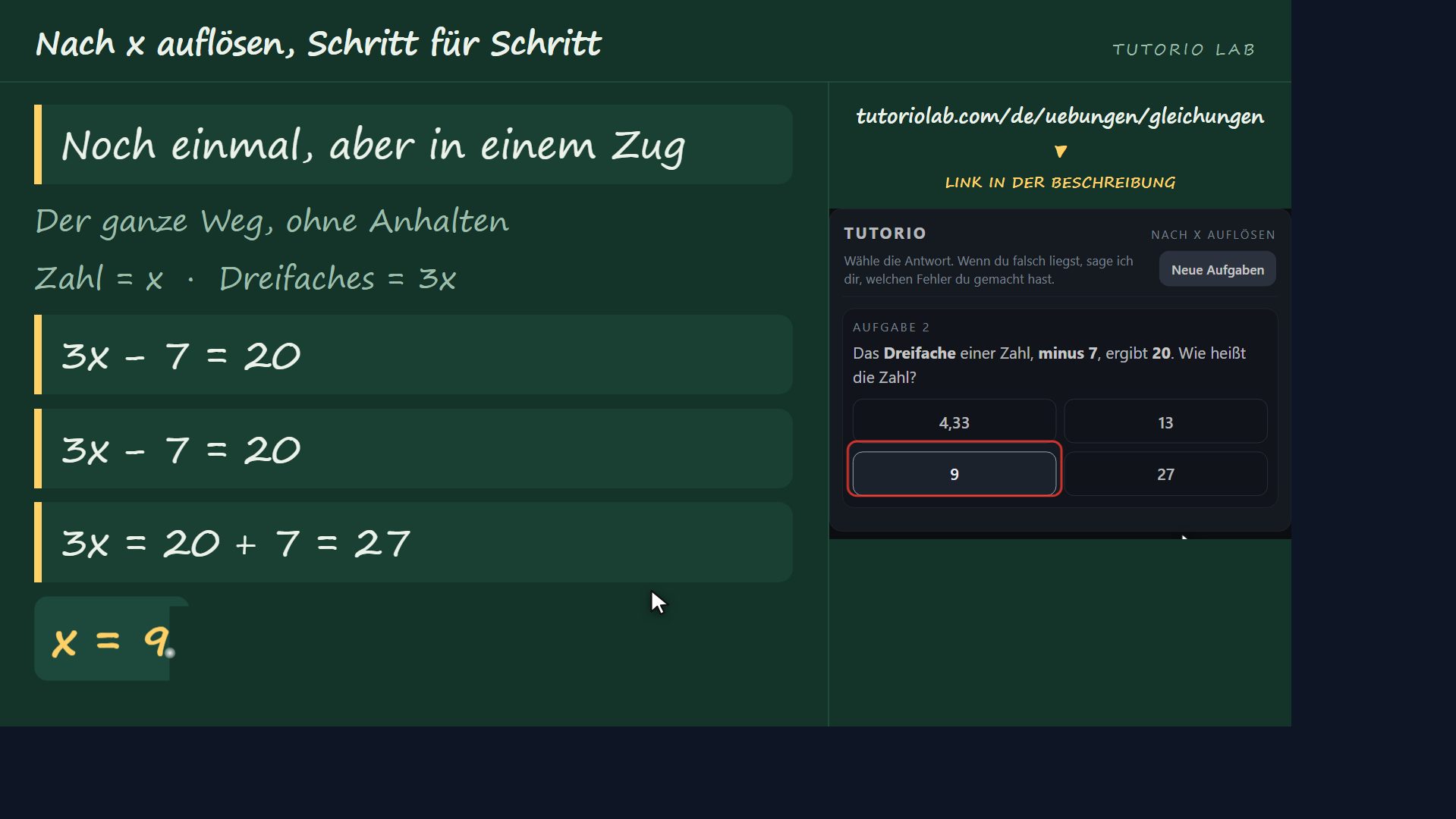 Übung 2, Schritt für Schritt — Nach x auflösen, Schritt für Schritt