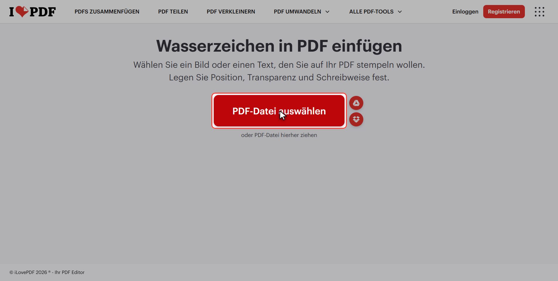 Lade dein Dokument hoch — Wasserzeichen in ein PDF einfügen