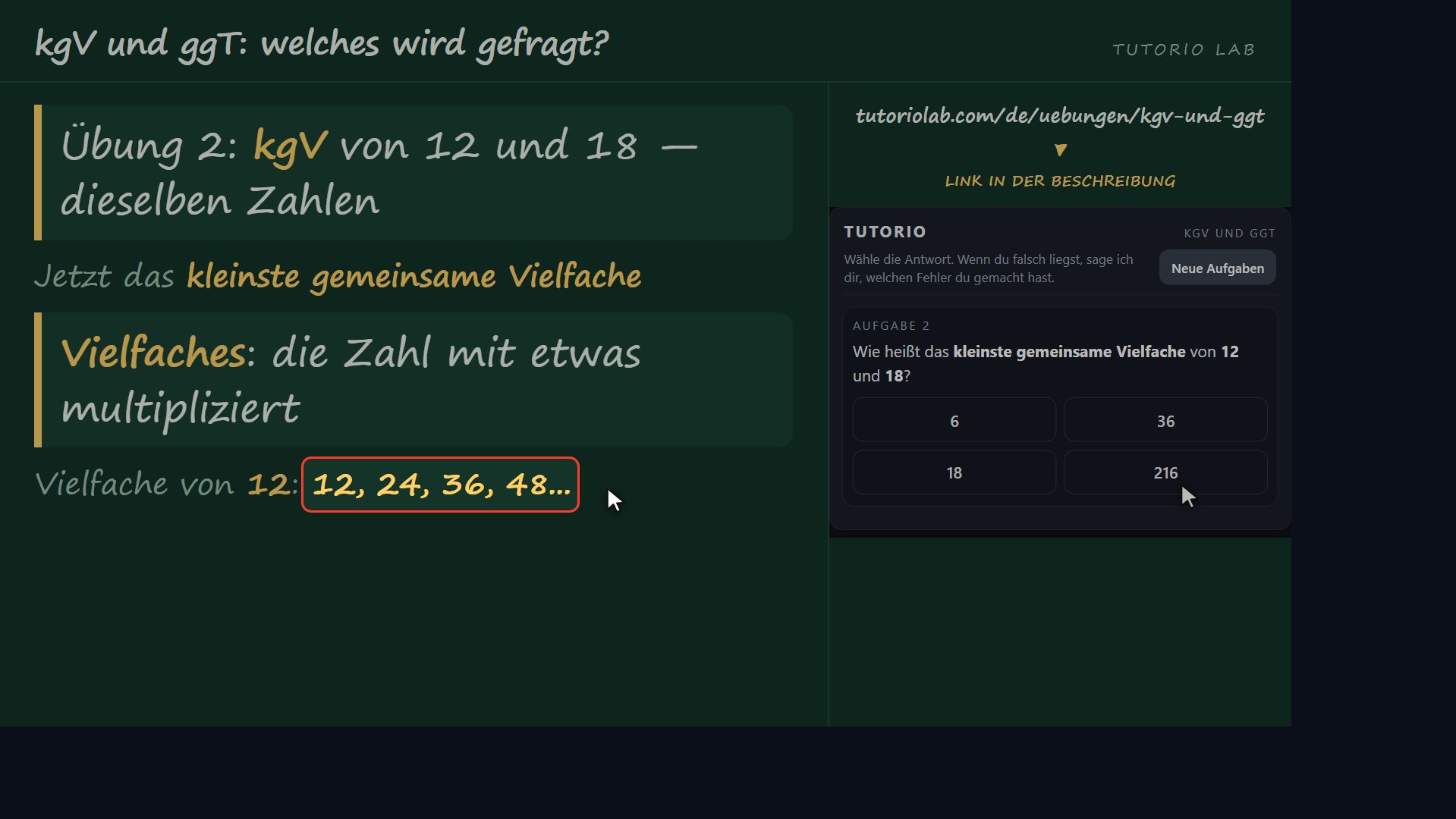 Übung 2: das kgV von 12 und 18 — kgV und ggT: welches wird gefragt?