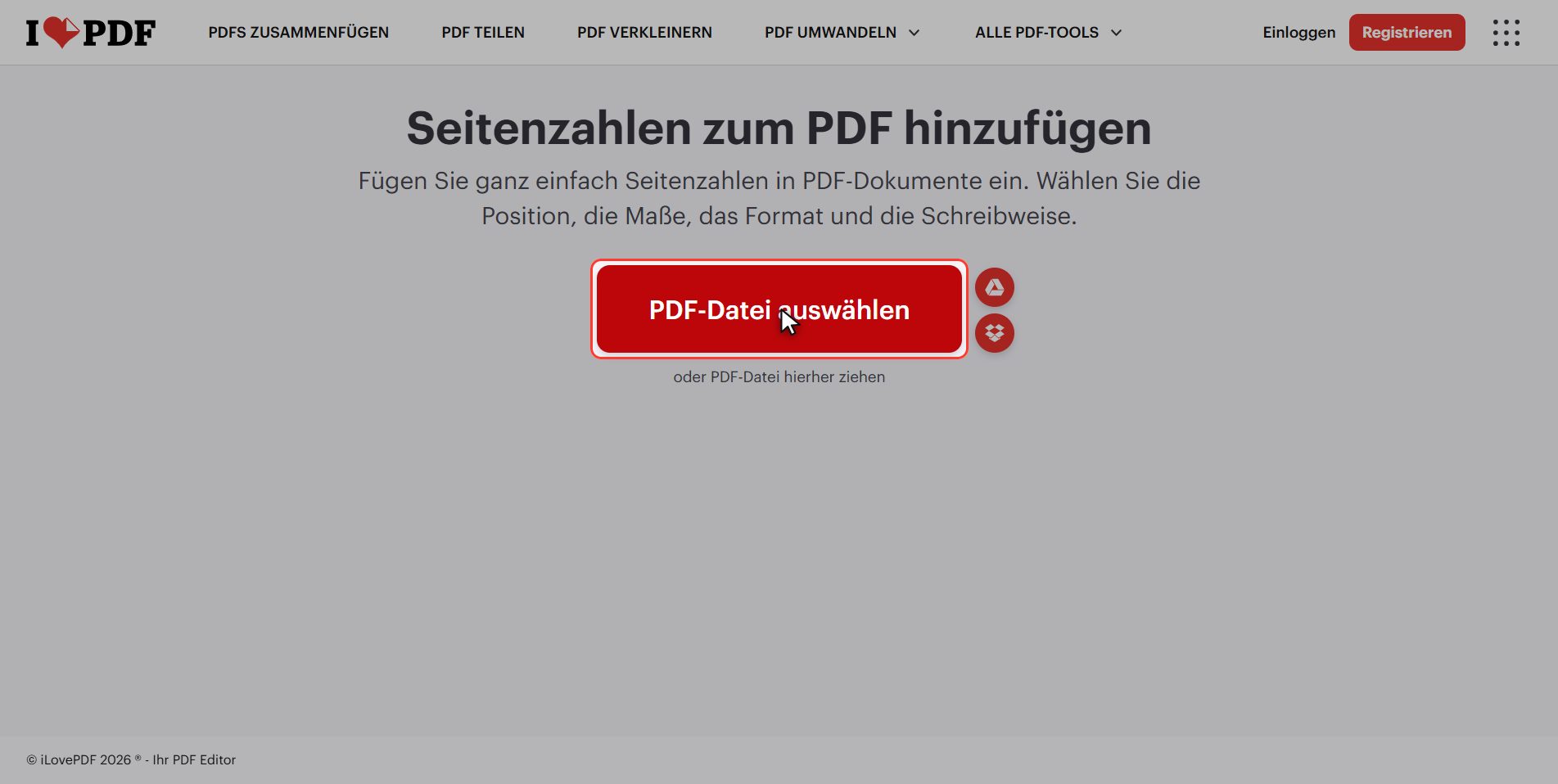 Laden Sie Ihr PDF hoch — PDF Seitenzahlen hinzufügen