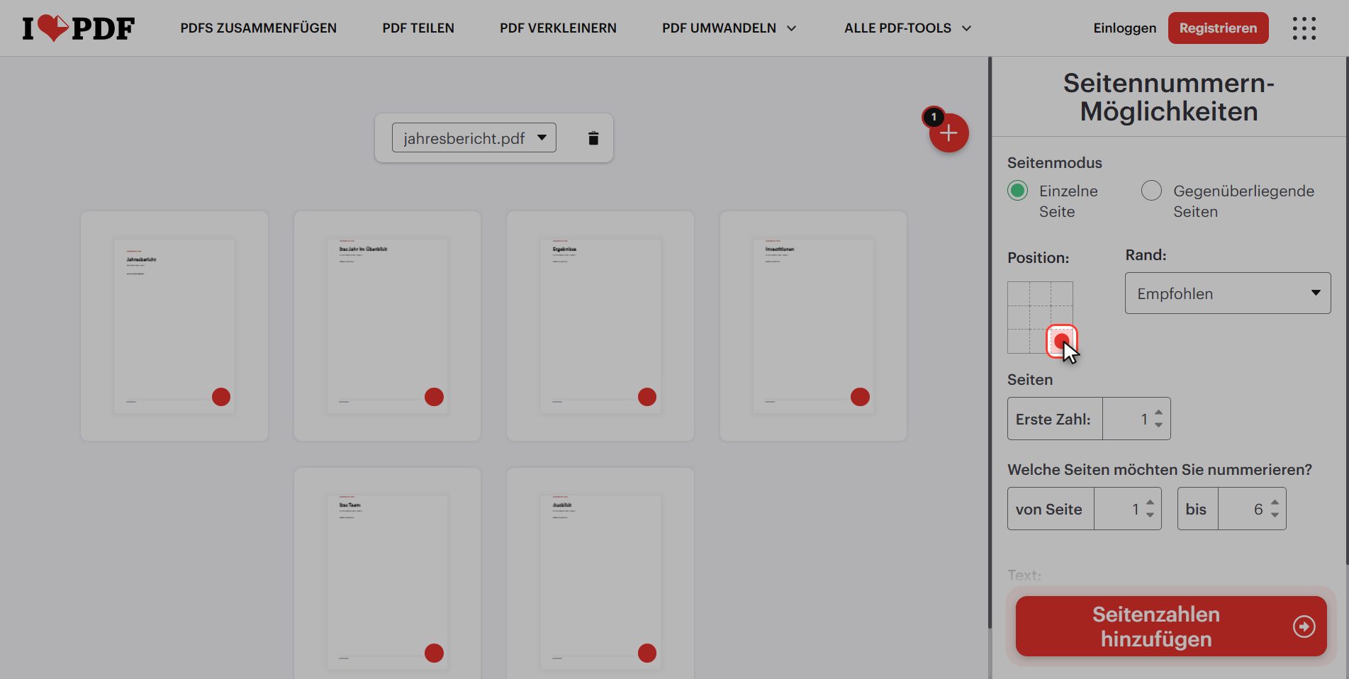 Wählen Sie, wo die Zahl steht — PDF Seitenzahlen hinzufügen