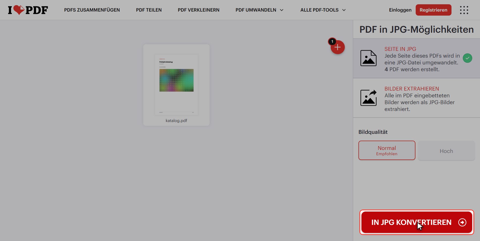 "In JPG konvertieren" klicken — Ein PDF in Bilder umwandeln