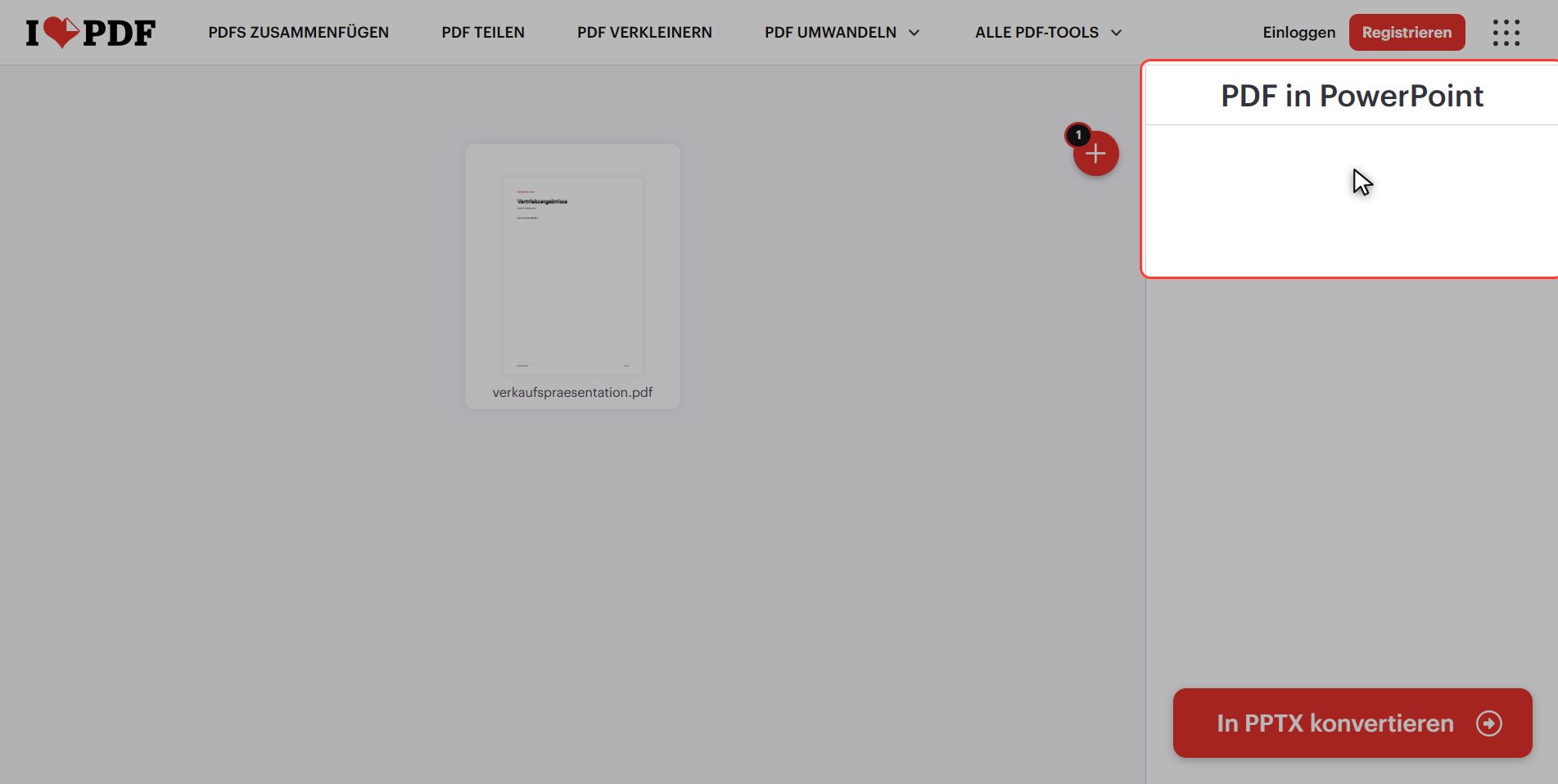 "In PPTX konvertieren" klicken — PDF in PowerPoint umwandeln