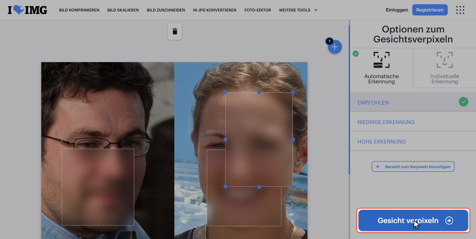 "Gesicht verpixeln" klicken — Gesichter auf einem Foto unkenntlich machen