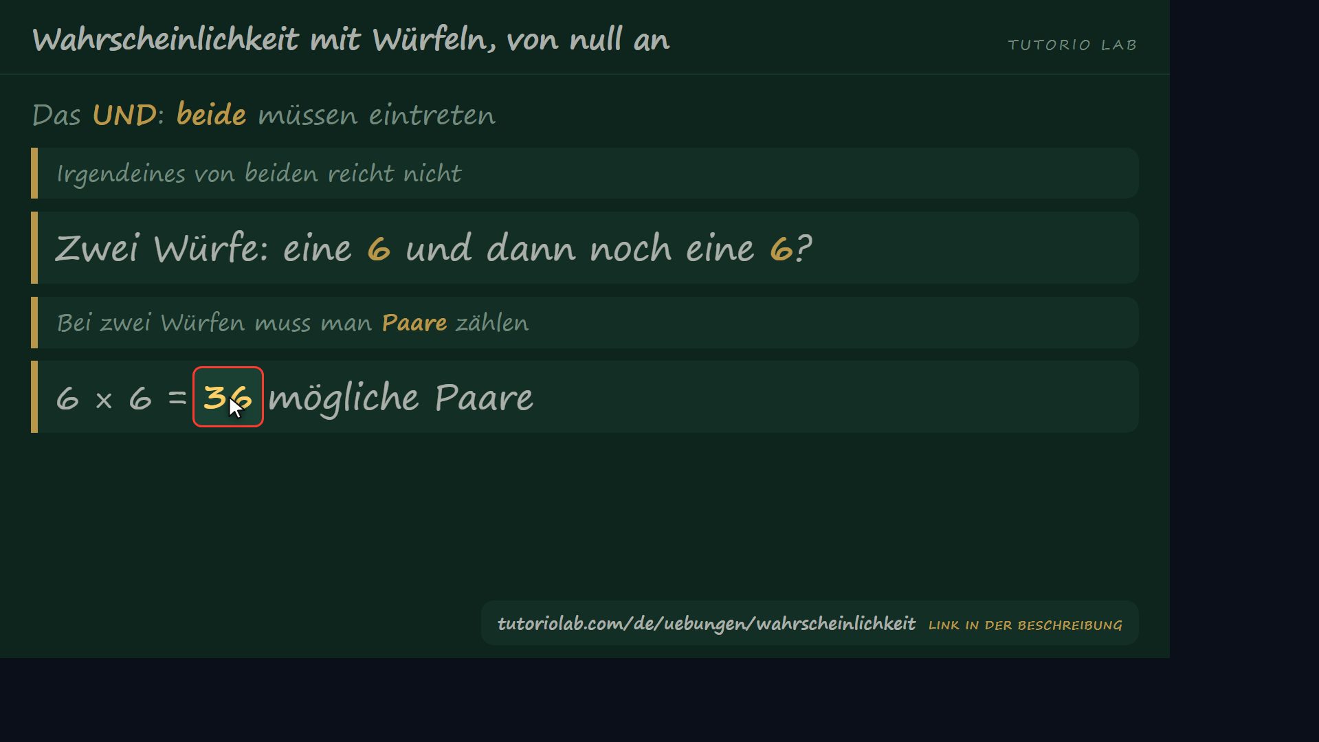 Das UND: sie werden multipliziert — Wahrscheinlichkeit mit Würfeln, von null an