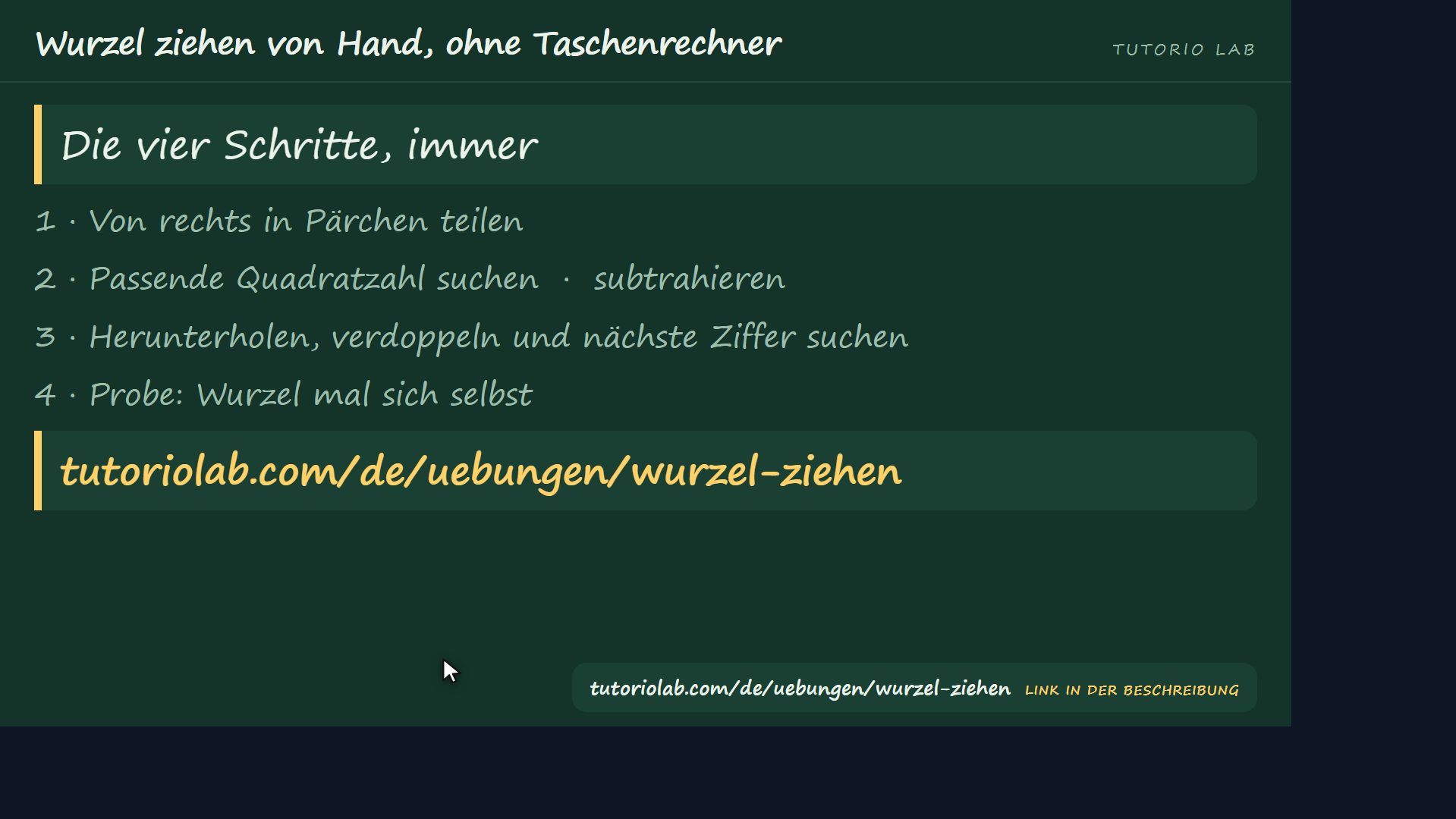 Die vier Schritte — Wurzel ziehen von Hand, ohne Taschenrechner
