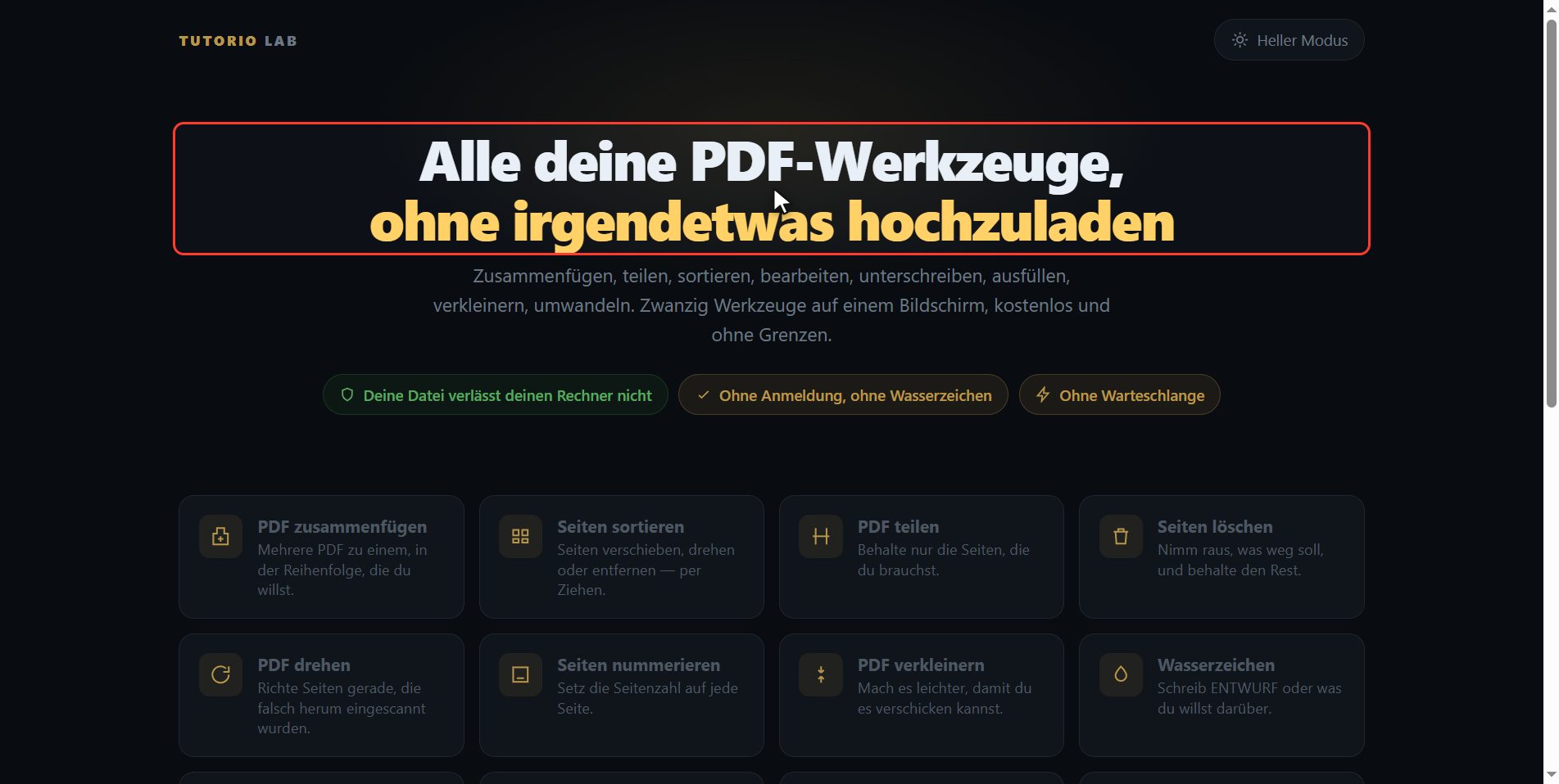 Geh auf tutoriolab.com/pdf/de — Wie man mehrere PDF zu einem zusammenfügt