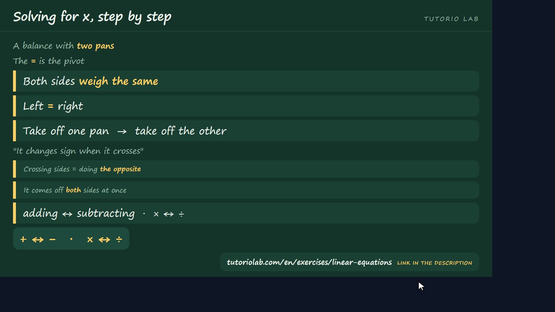 The balance idea — Solving for x, step by step