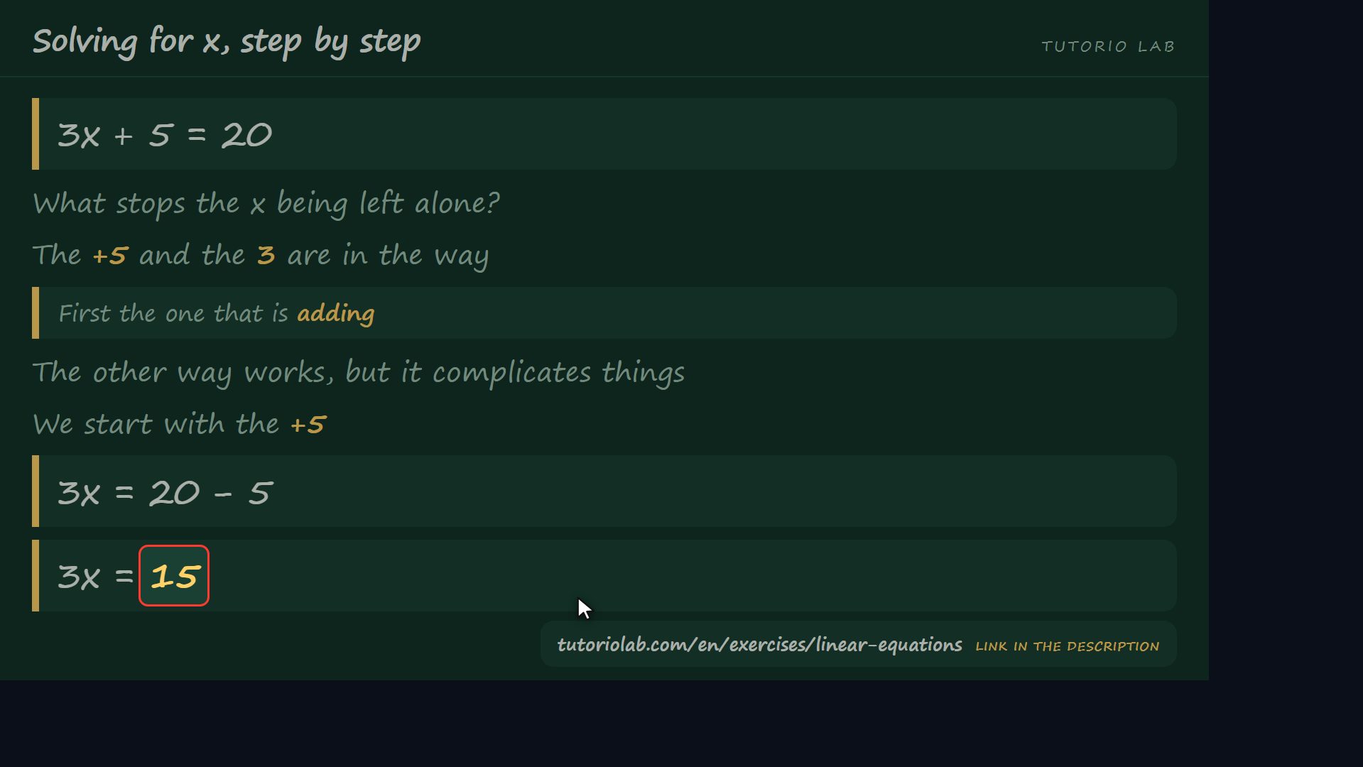 Removing what adds — Solving for x, step by step