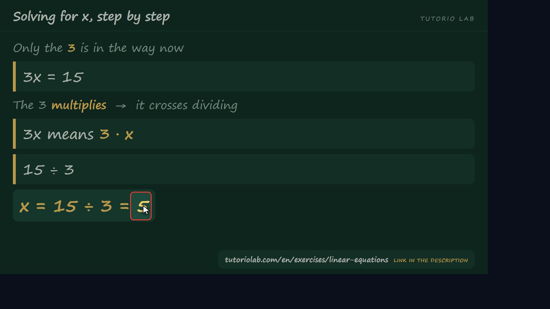 Removing what multiplies — Solving for x, step by step