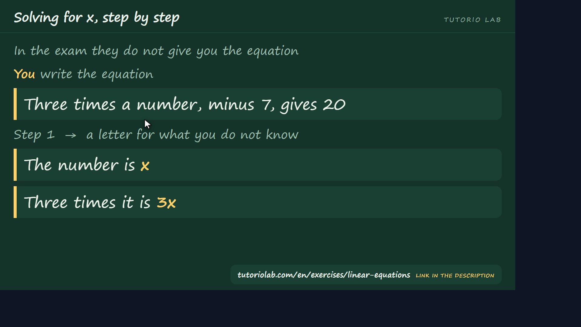 An exam word problem — Solving for x, step by step