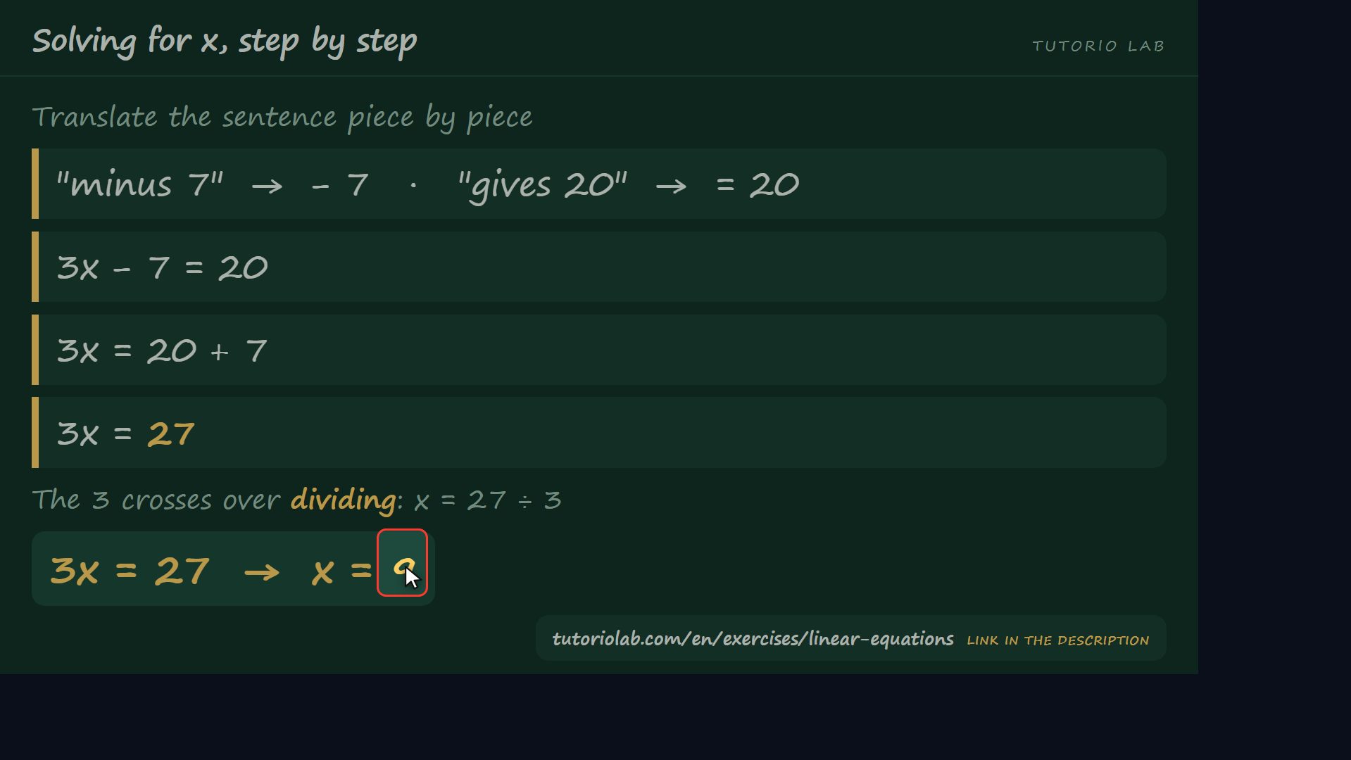 Translate and solve — Solving for x, step by step
