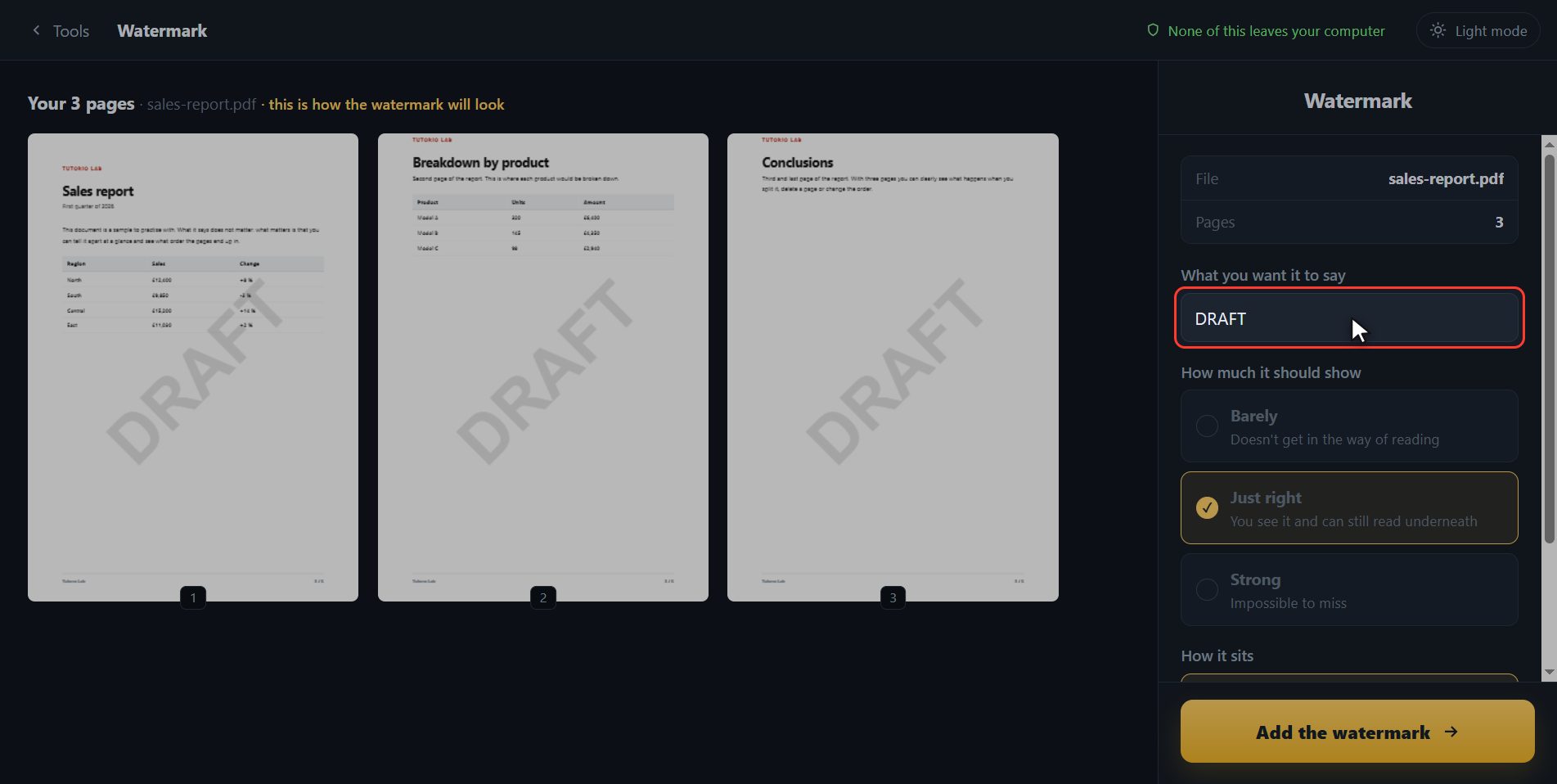 Type what you want it to say — How to put a watermark on a PDF