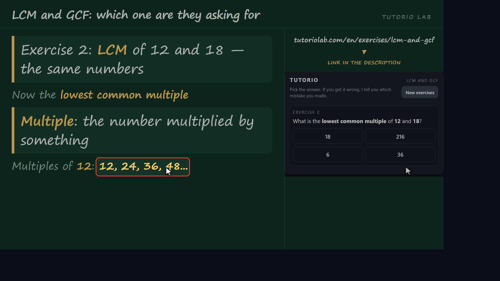 Exercise 2: the LCM of 12 and 18 — LCM and GCF: which one are they asking for
