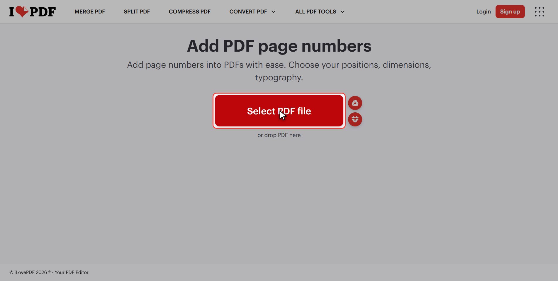 Upload your PDF — How to add page numbers to a PDF
