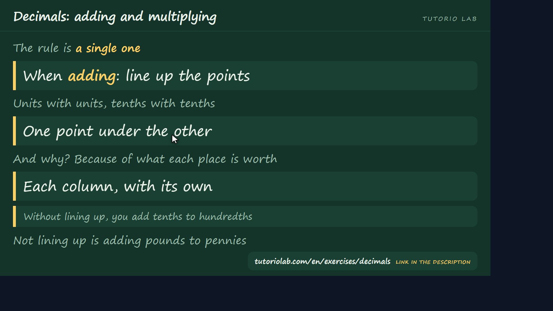 Adding: line up the points — Decimals: adding and multiplying