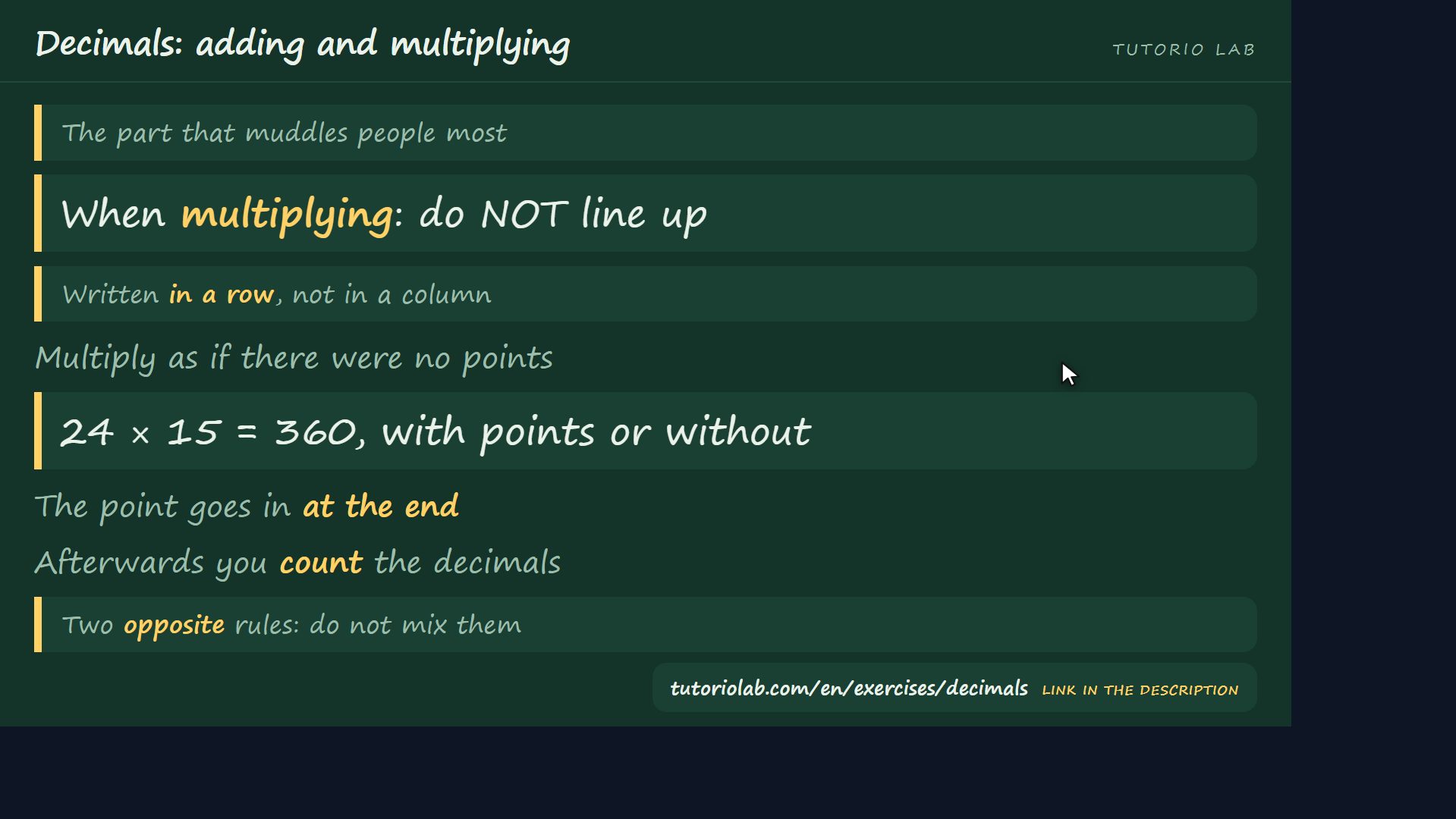 Multiplying: the opposite rule — Decimals: adding and multiplying
