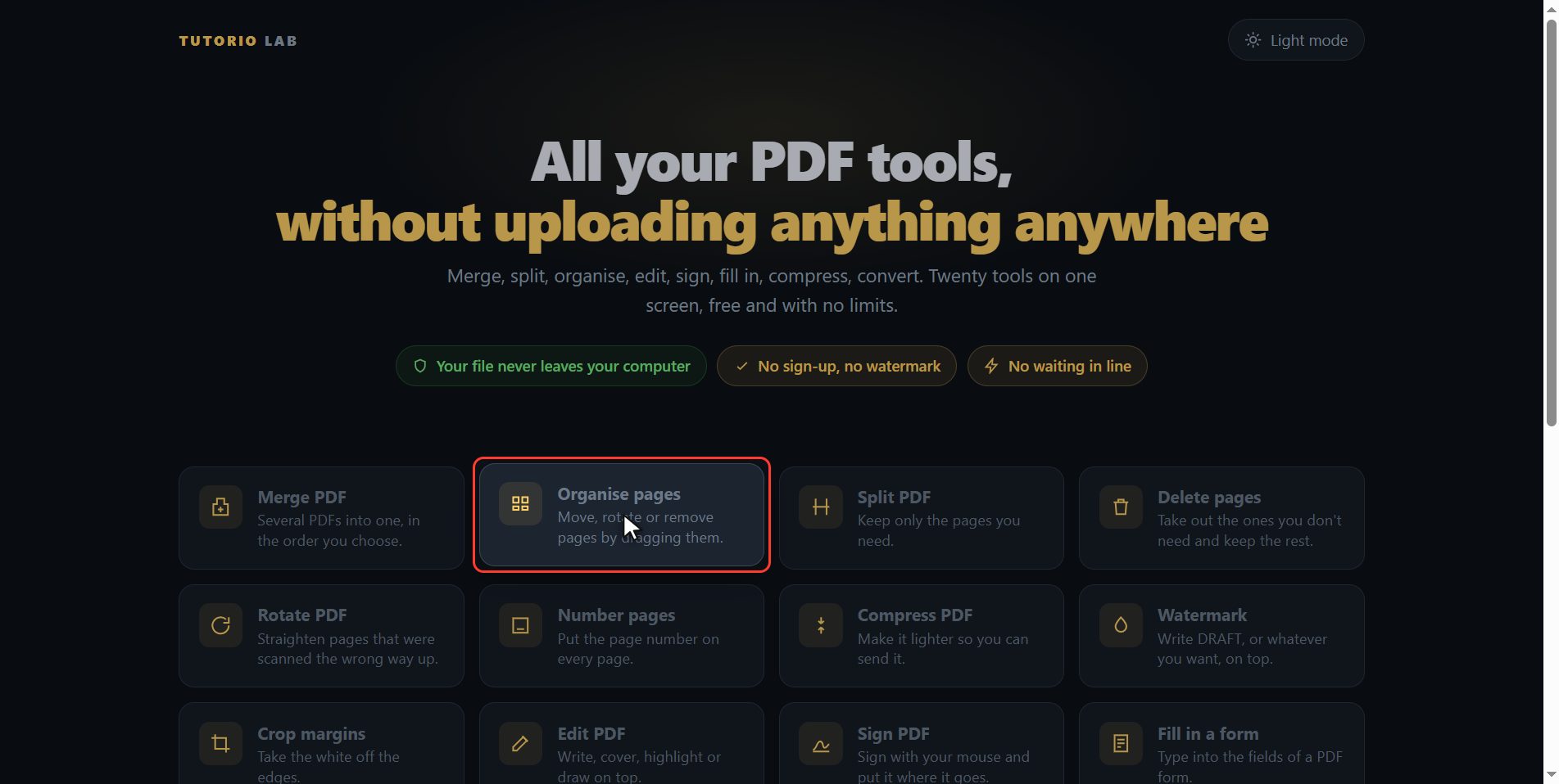 Click "Organise pages" — How to reorder the pages of a PDF