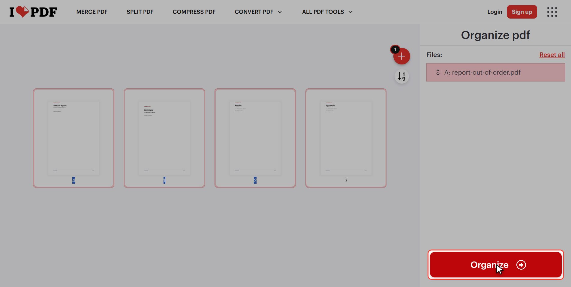 Click "Organize" — How to change the page order of a PDF