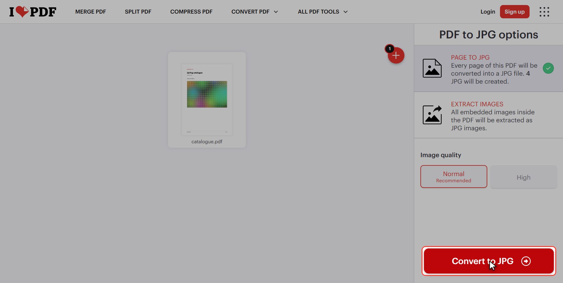 Click "Convert to JPG" — How to turn a PDF into images