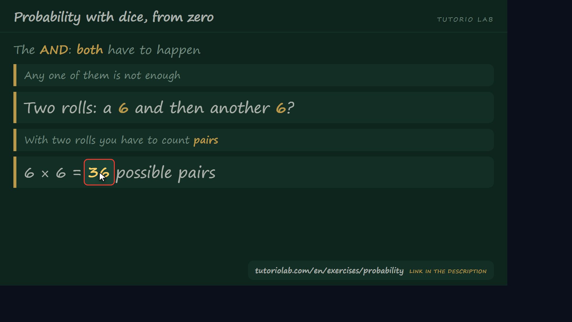 The AND: they are multiplied — Probability with dice, from zero