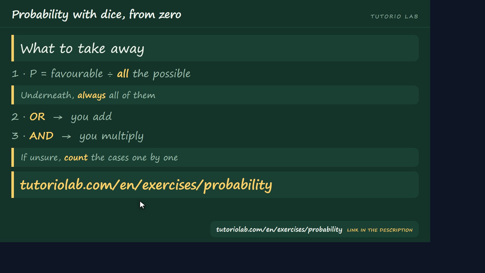 What to take away — Probability with dice, from zero