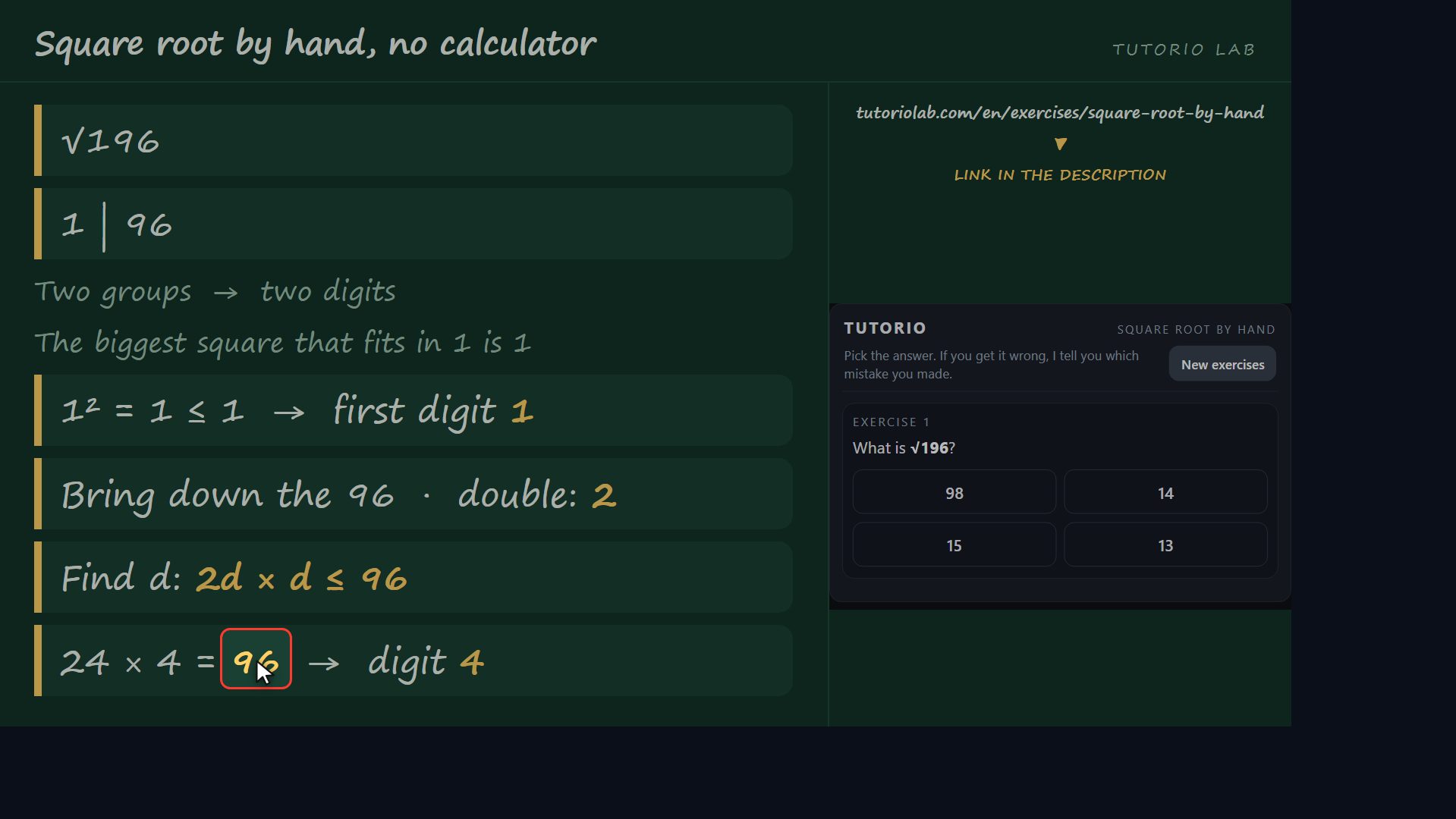 Exercise 1, step by step — Square root by hand, no calculator