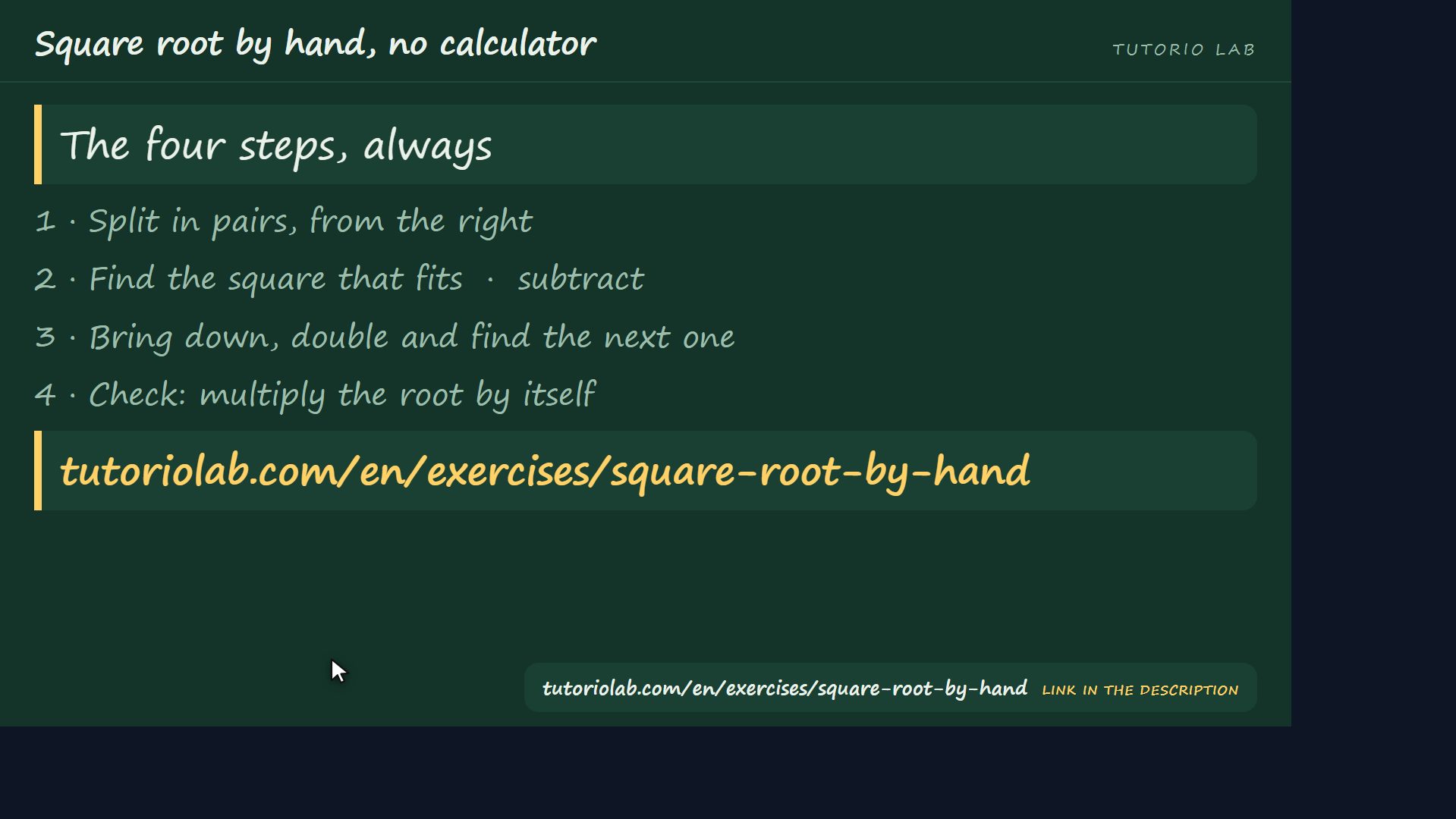 The four steps — Square root by hand, no calculator
