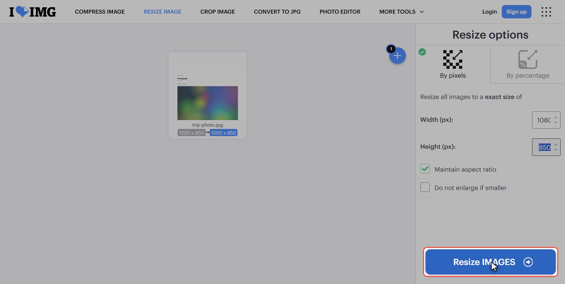 Click "Resize images" — How to change the size of an image