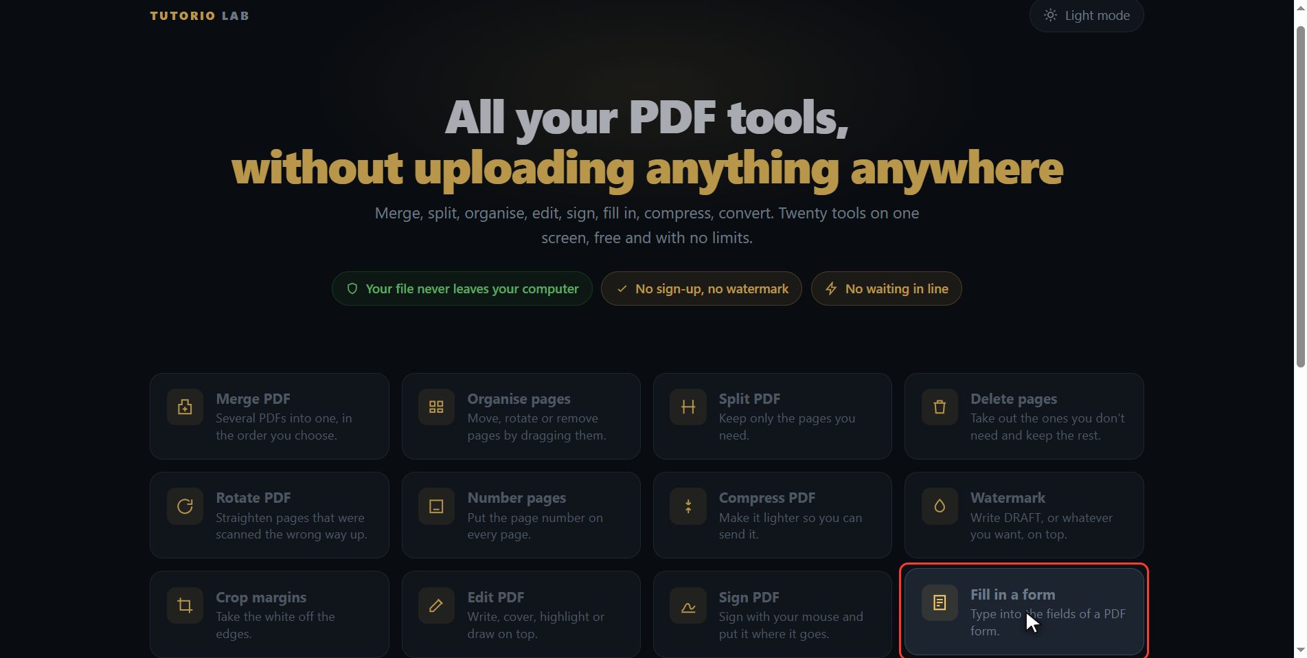 Click "Fill in a form" — How to fill in a PDF form without printing it