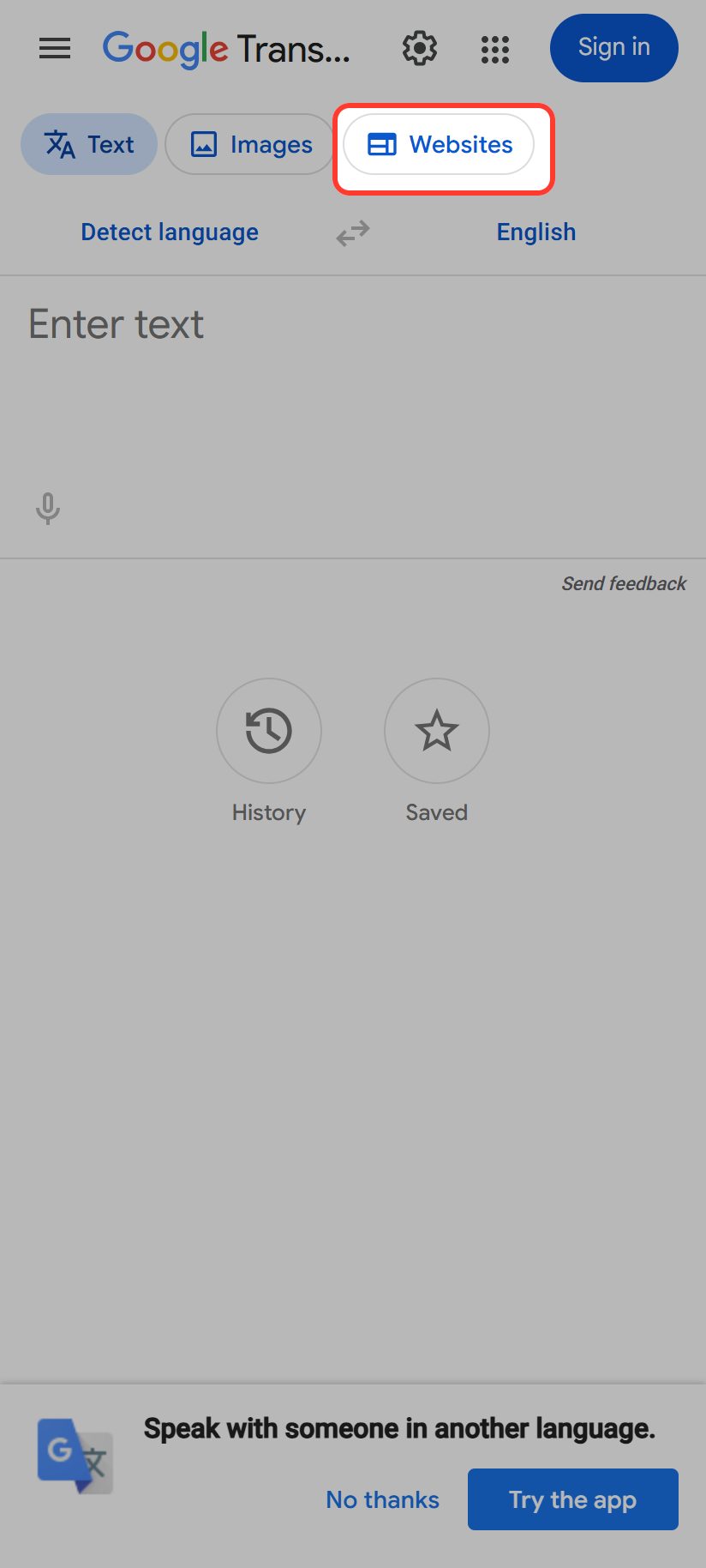 The "Websites" tab on mobile
