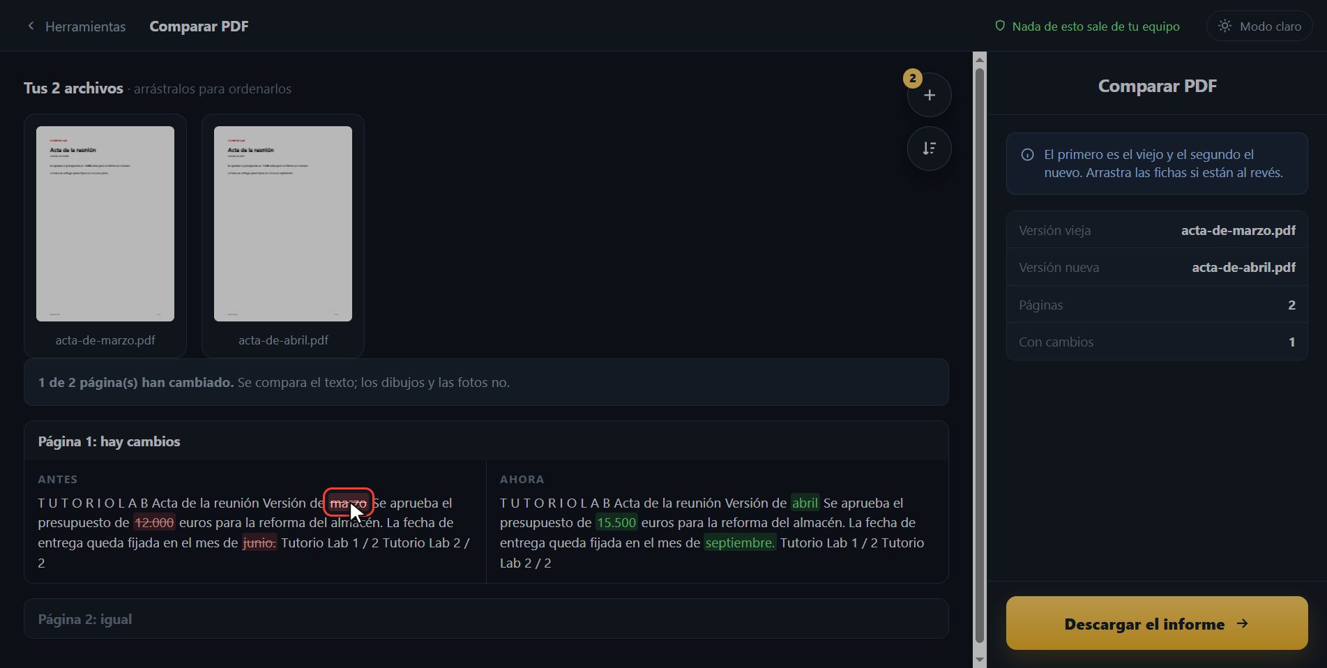 Mira qué cambió — Cómo comparar dos PDF y ver qué cambió