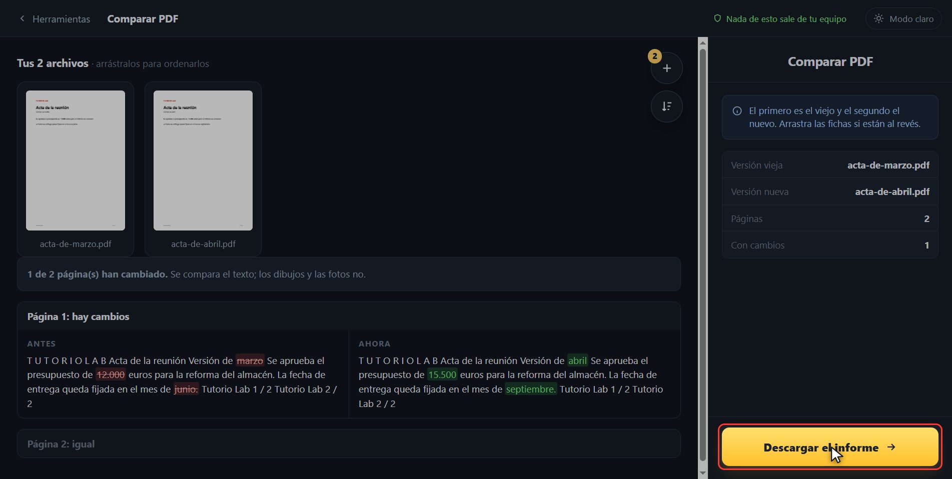 Descarga el informe — Cómo comparar dos PDF y ver qué cambió