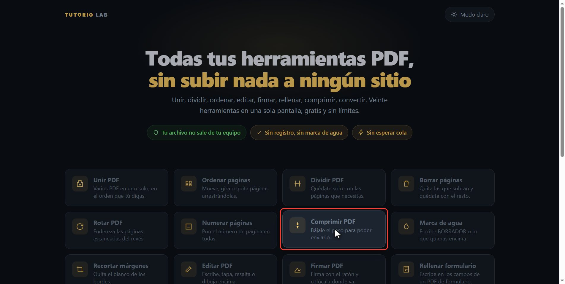 Pulsa "Comprimir PDF" — Cómo hacer que un PDF pese menos