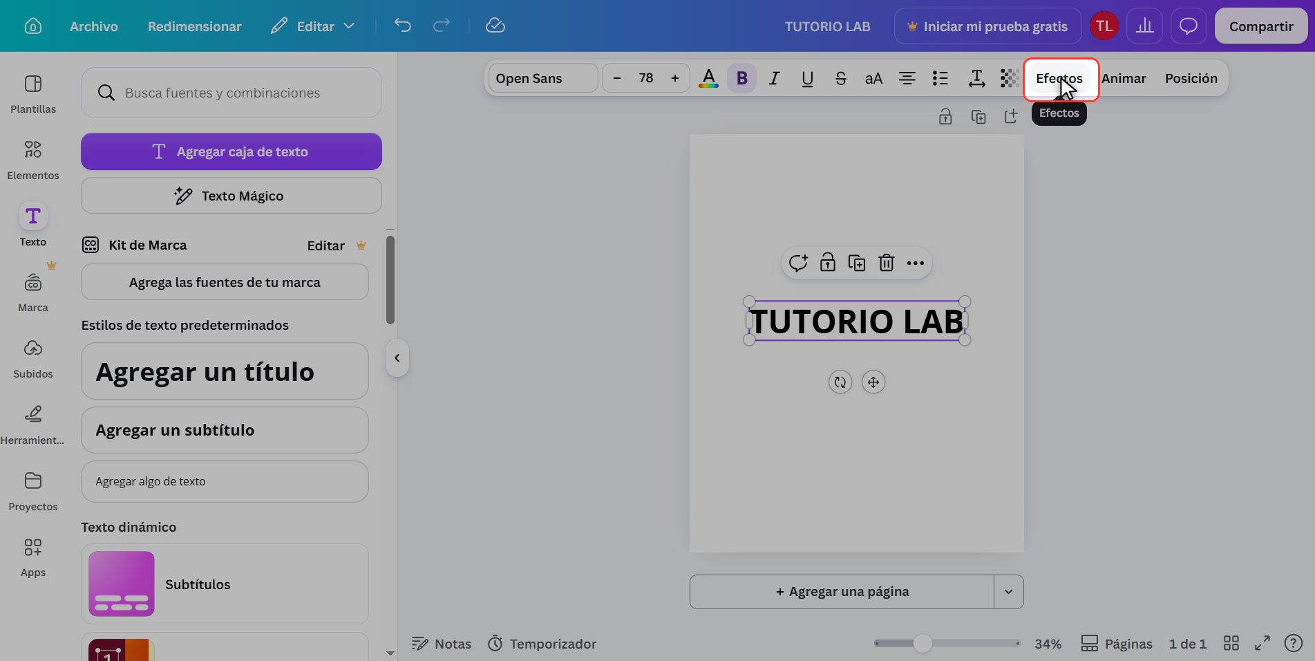 Abre Efectos — Cómo curvar texto en Canva