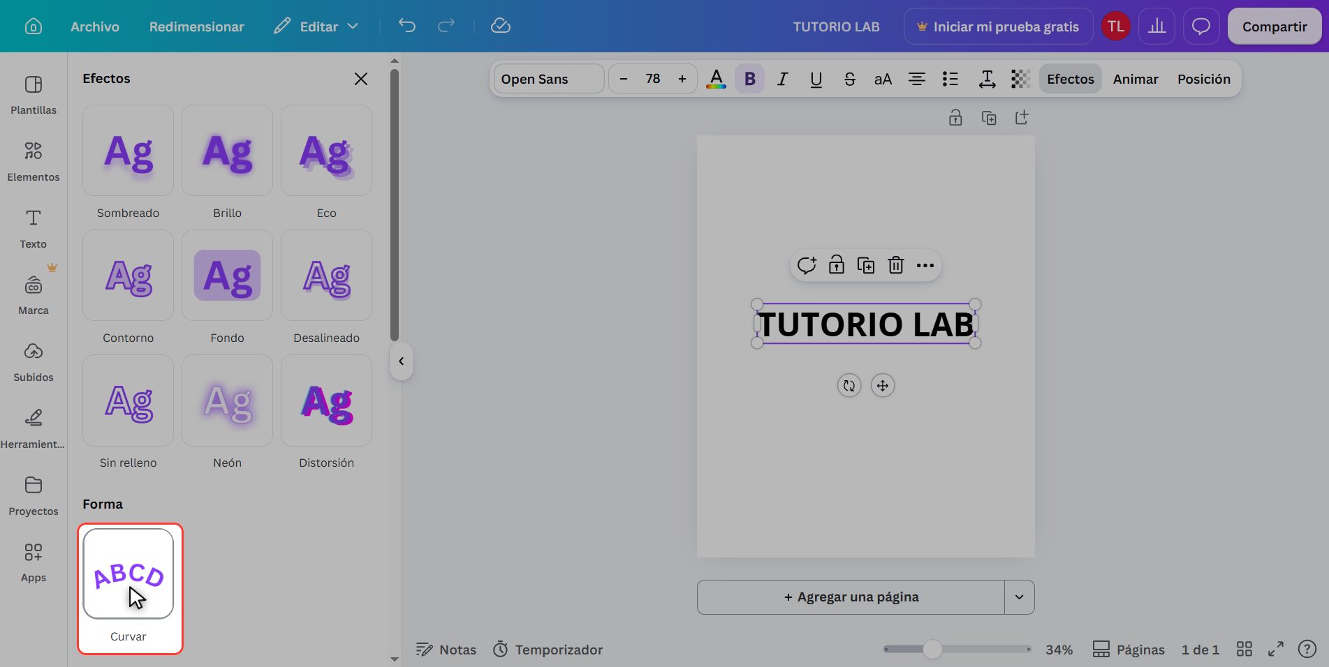 Pulsa Curvar — Cómo curvar texto en Canva