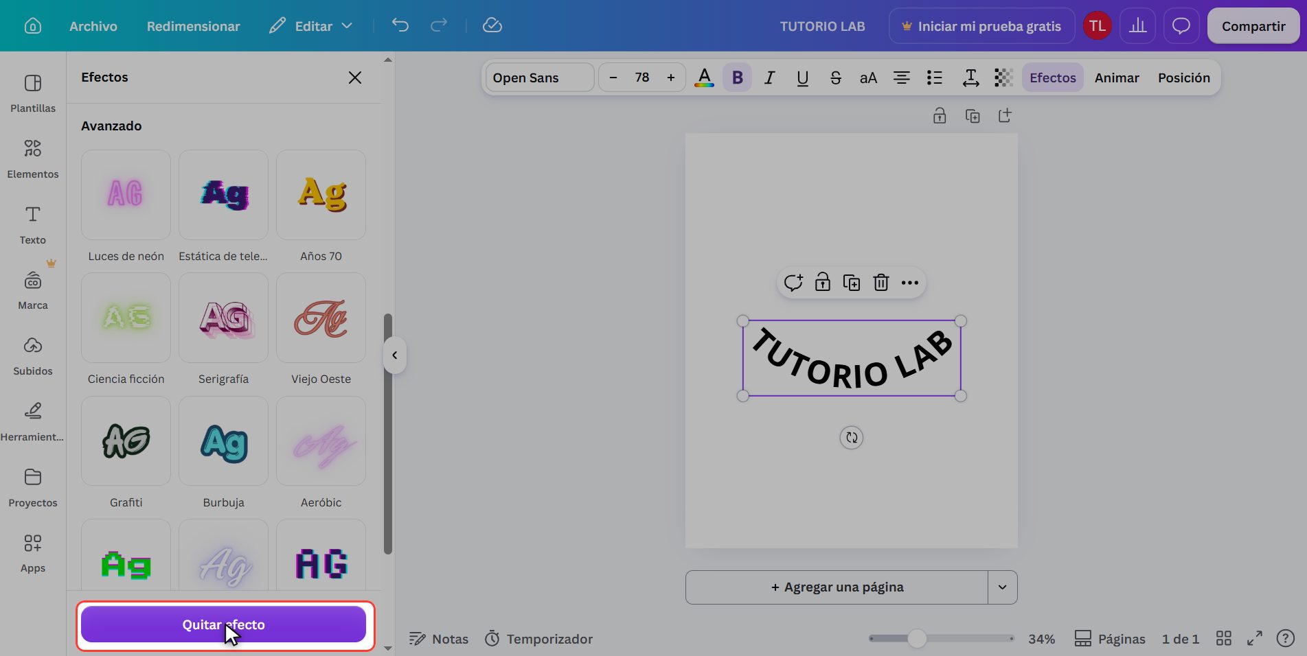 Quitar el efecto — Cómo curvar texto en Canva