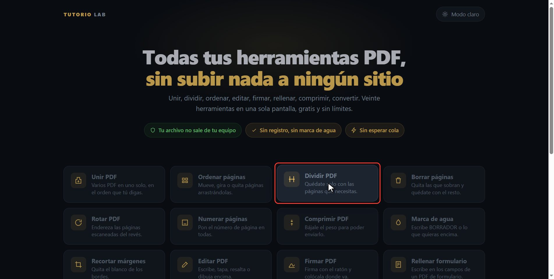 Pulsa "Dividir PDF" — Cómo sacar páginas sueltas de un PDF