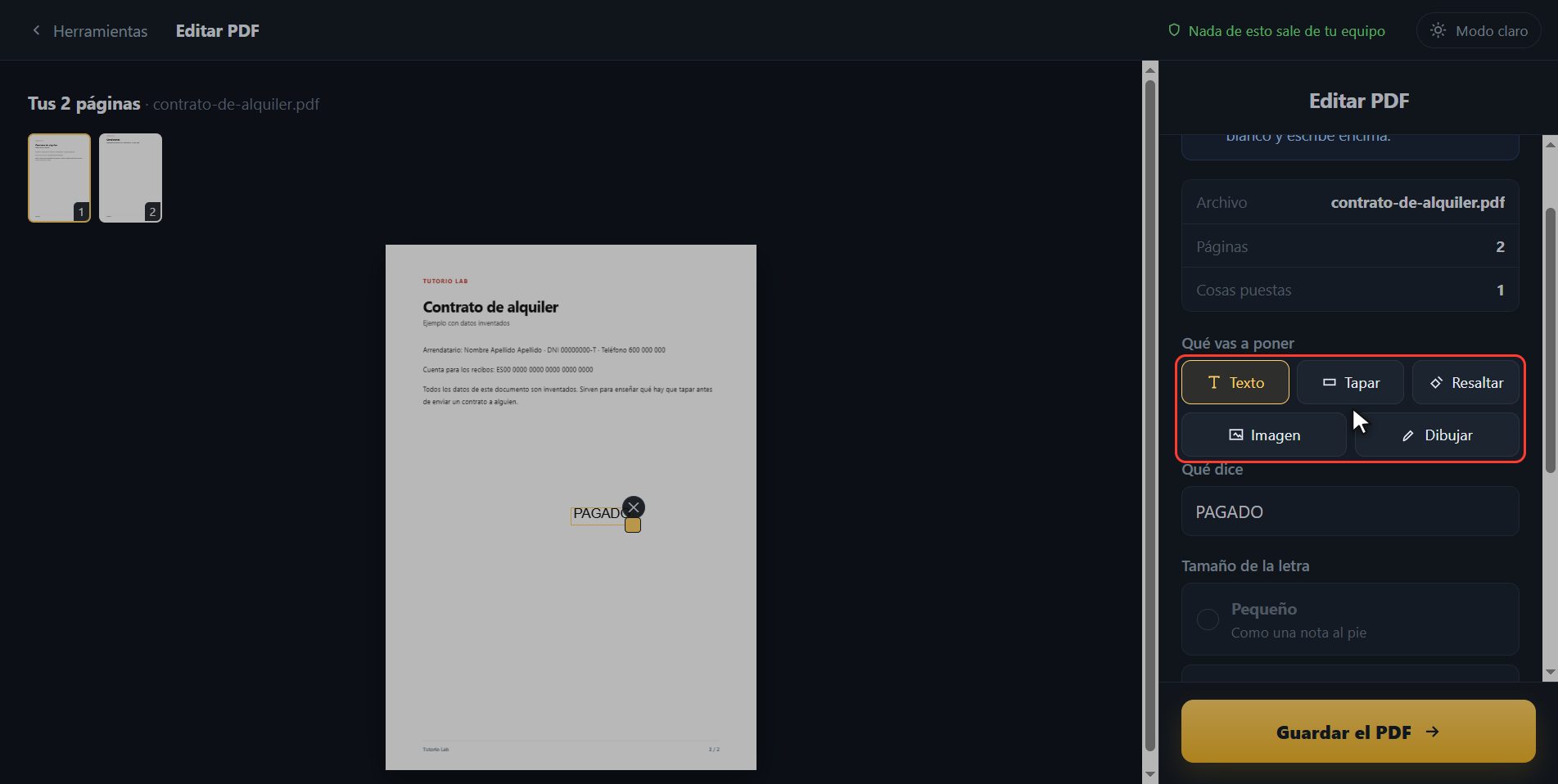 Tapar, resaltar y dibujar — Cómo escribir en un PDF