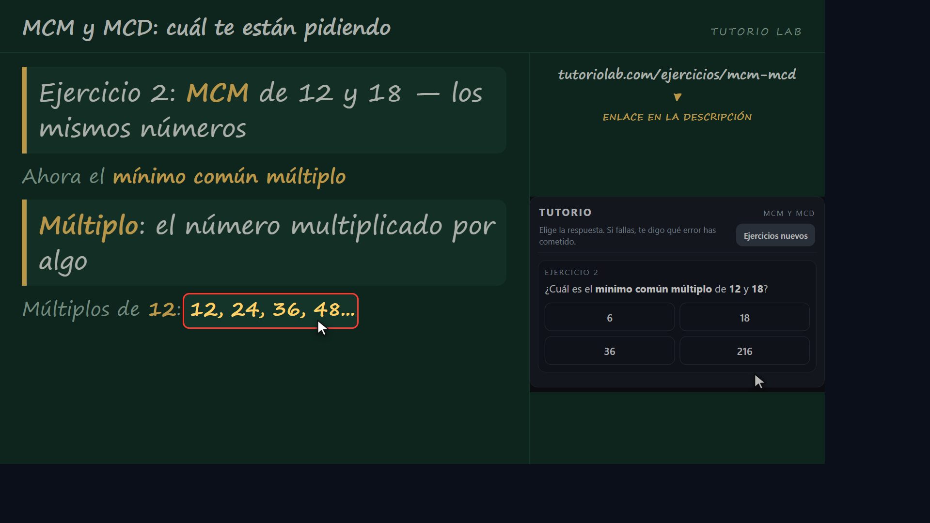 Ejercicio 2: el MCM de 12 y 18 — MCM y MCD: cuál te están pidiendo
