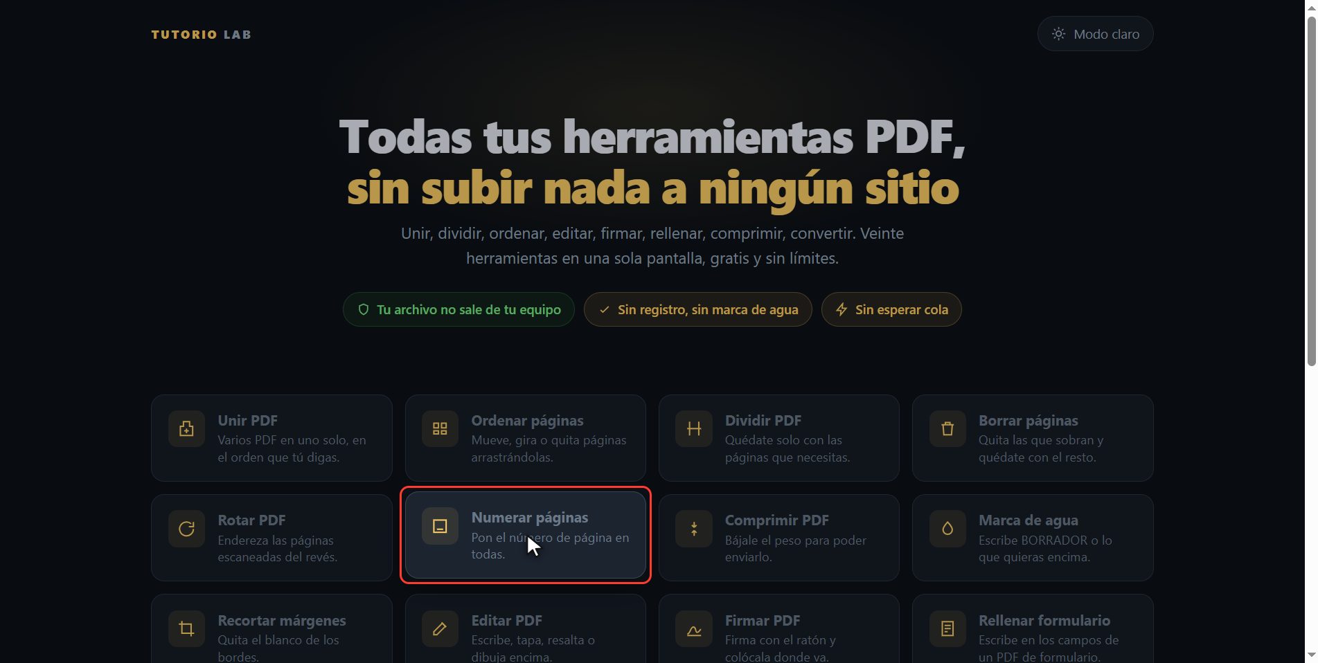 Pulsa "Numerar páginas" — Cómo poner número de página en un PDF