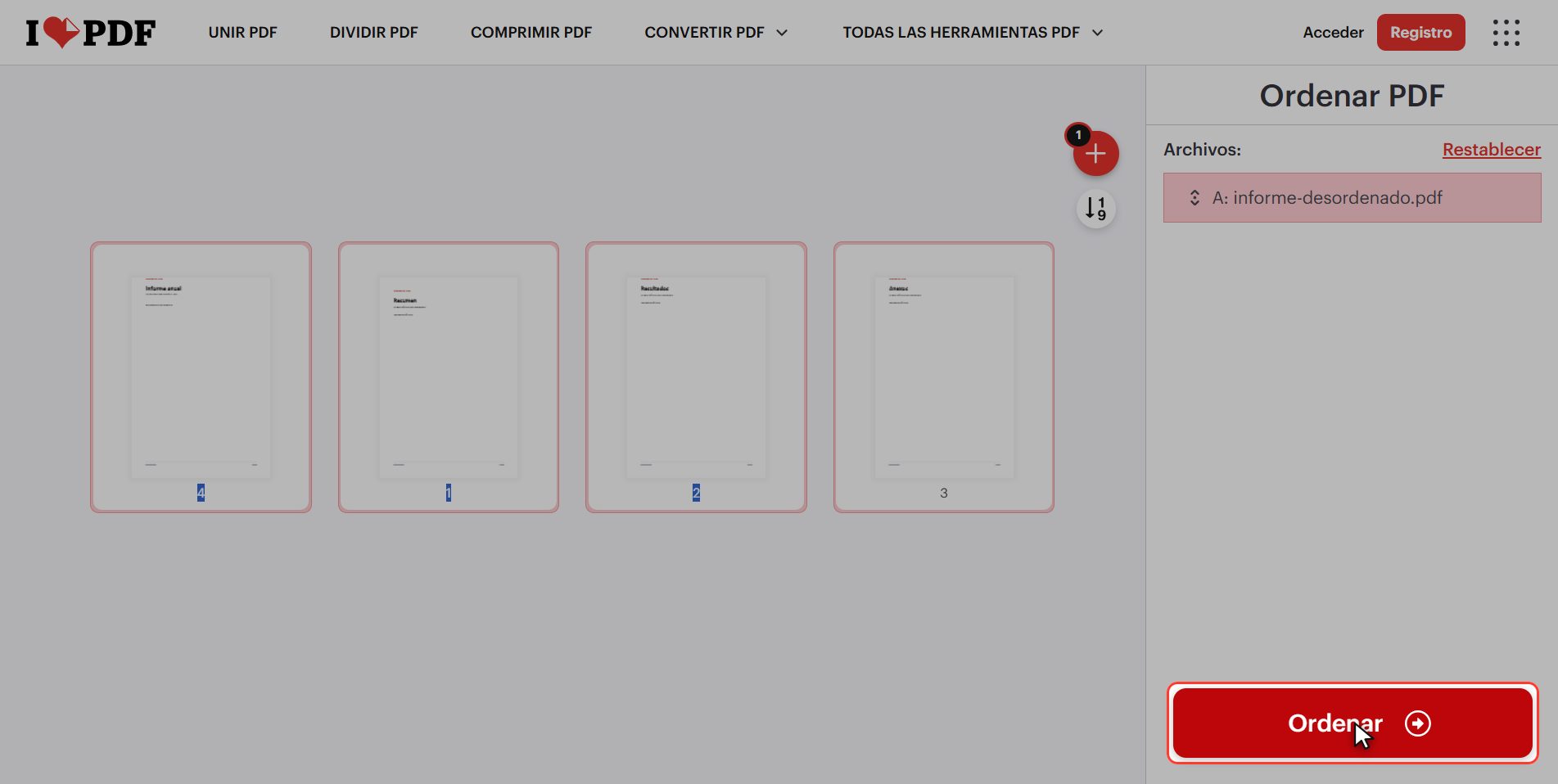 Pulsa "Ordenar" — Cómo cambiar el orden de las páginas de un PDF