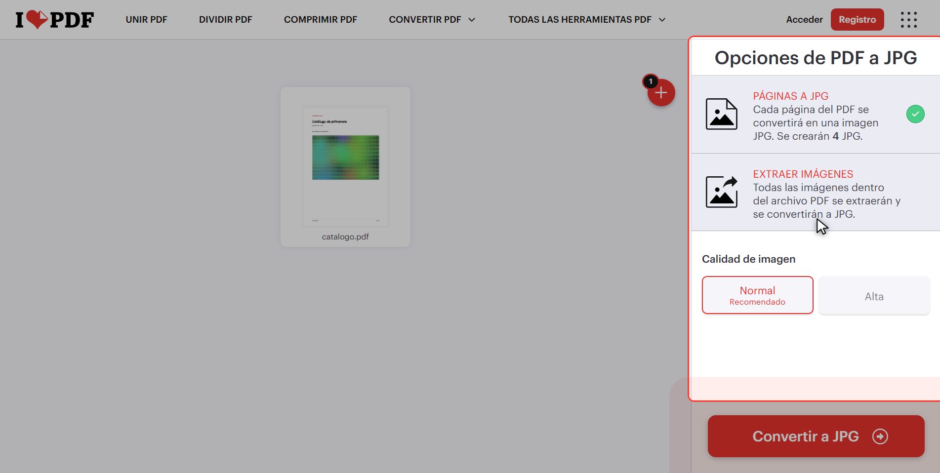 Elige la calidad — Cómo convertir un PDF en imágenes