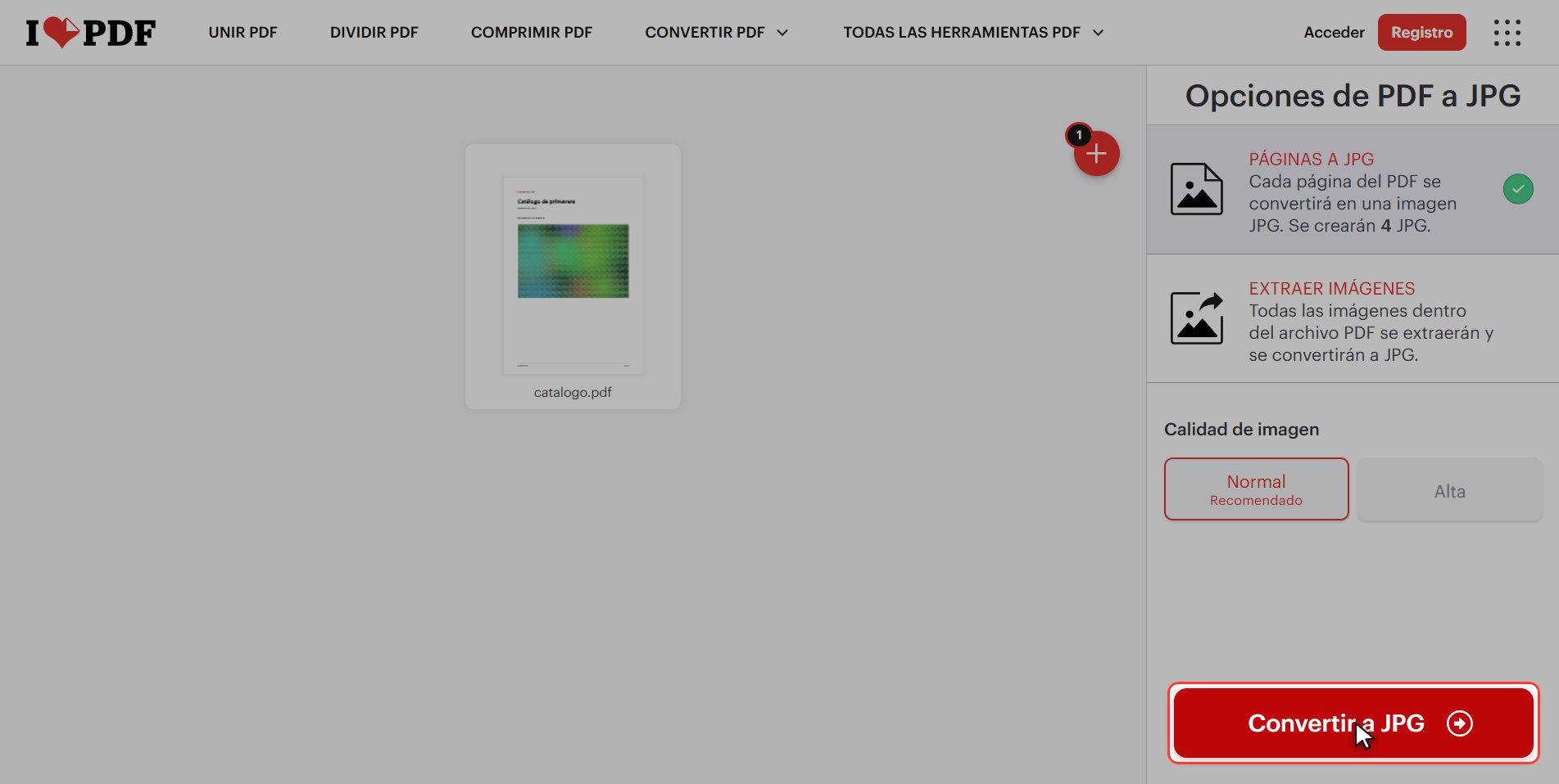 Pulsa "Convertir a JPG" — Cómo convertir un PDF en imágenes