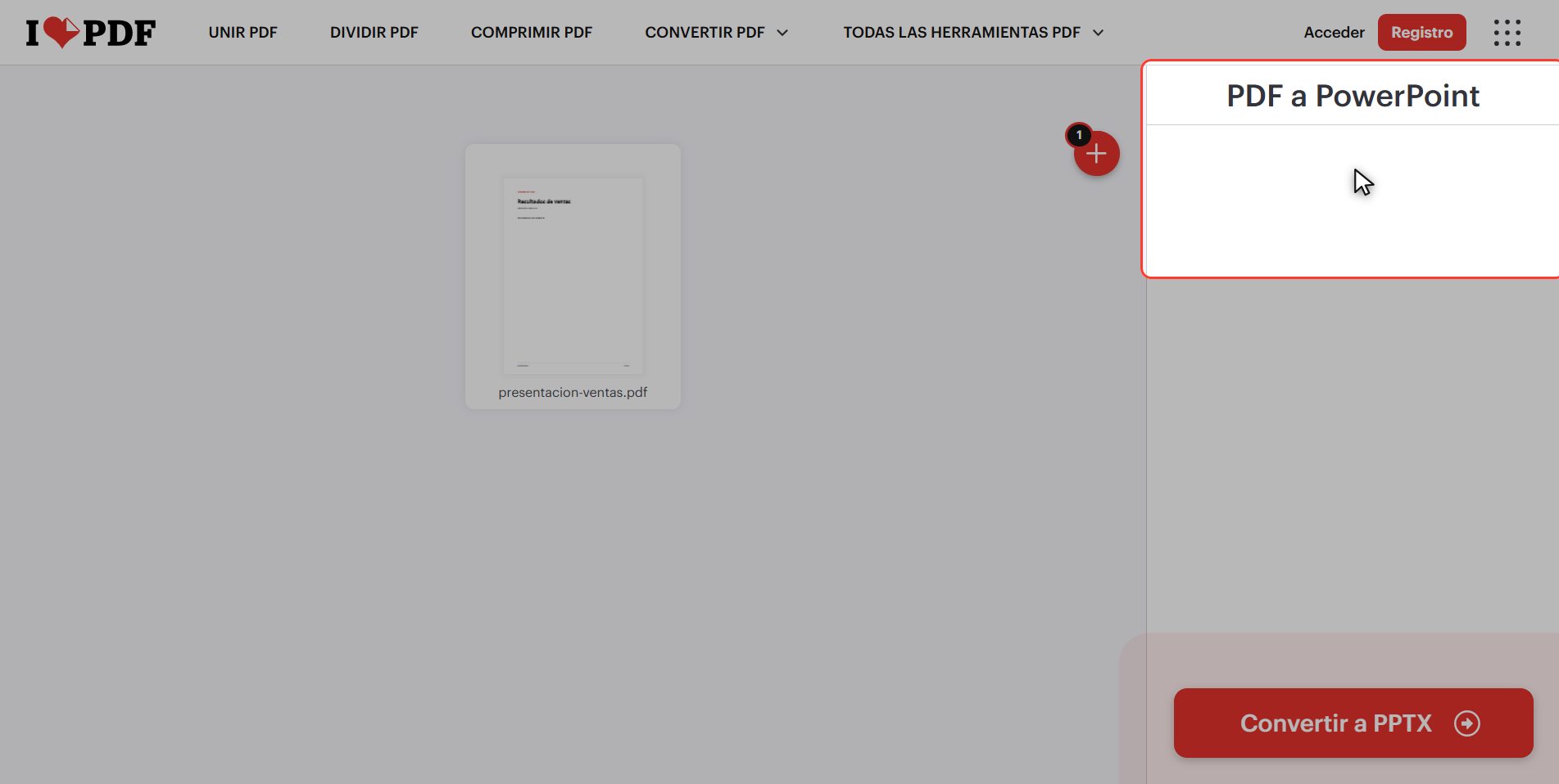 Pulsa "Convertir a PPTX" — Cómo convertir un PDF en PowerPoint
