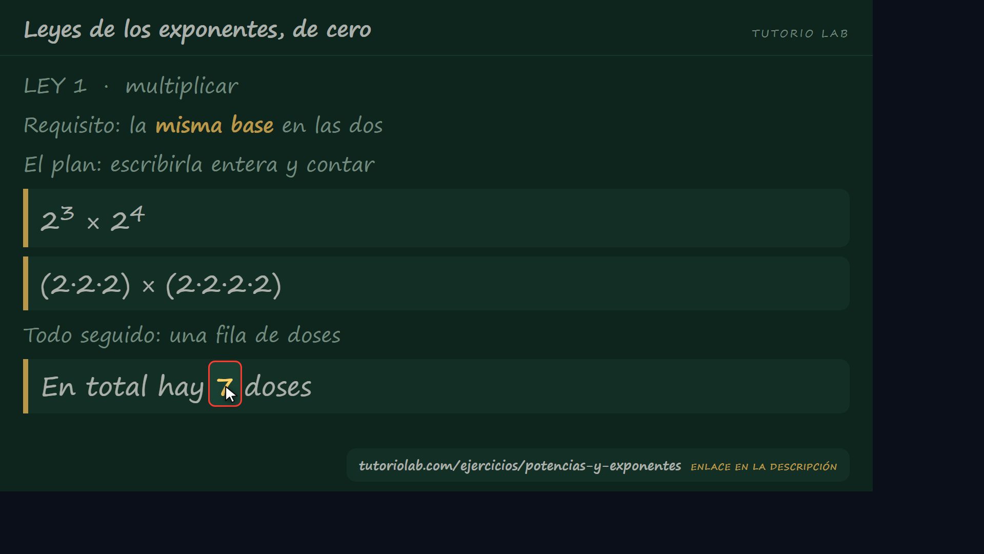 Multiplicar: se suman — Leyes de los exponentes, de cero