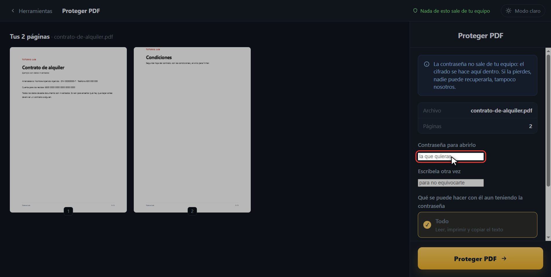 Escribe la contraseña — Cómo poner contraseña a un PDF