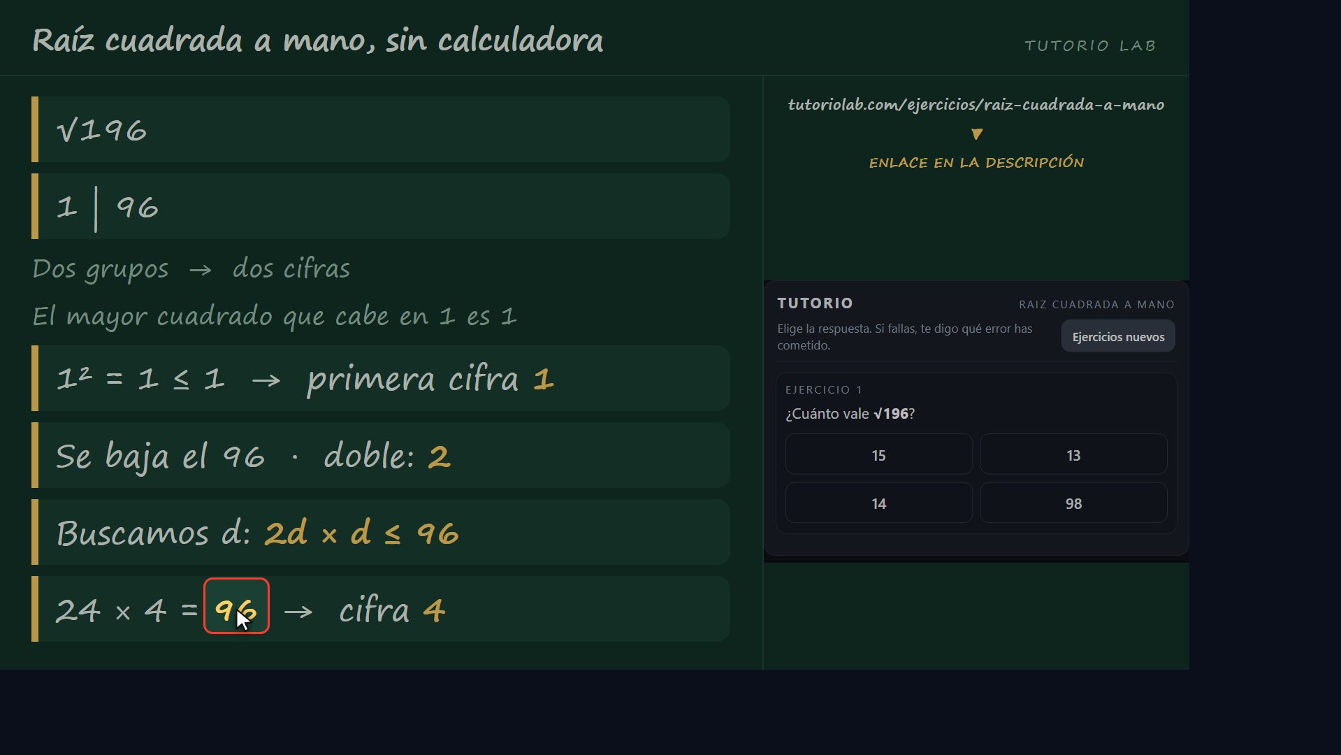 Ejercicio 1, paso a paso — Raíz cuadrada a mano, sin calculadora